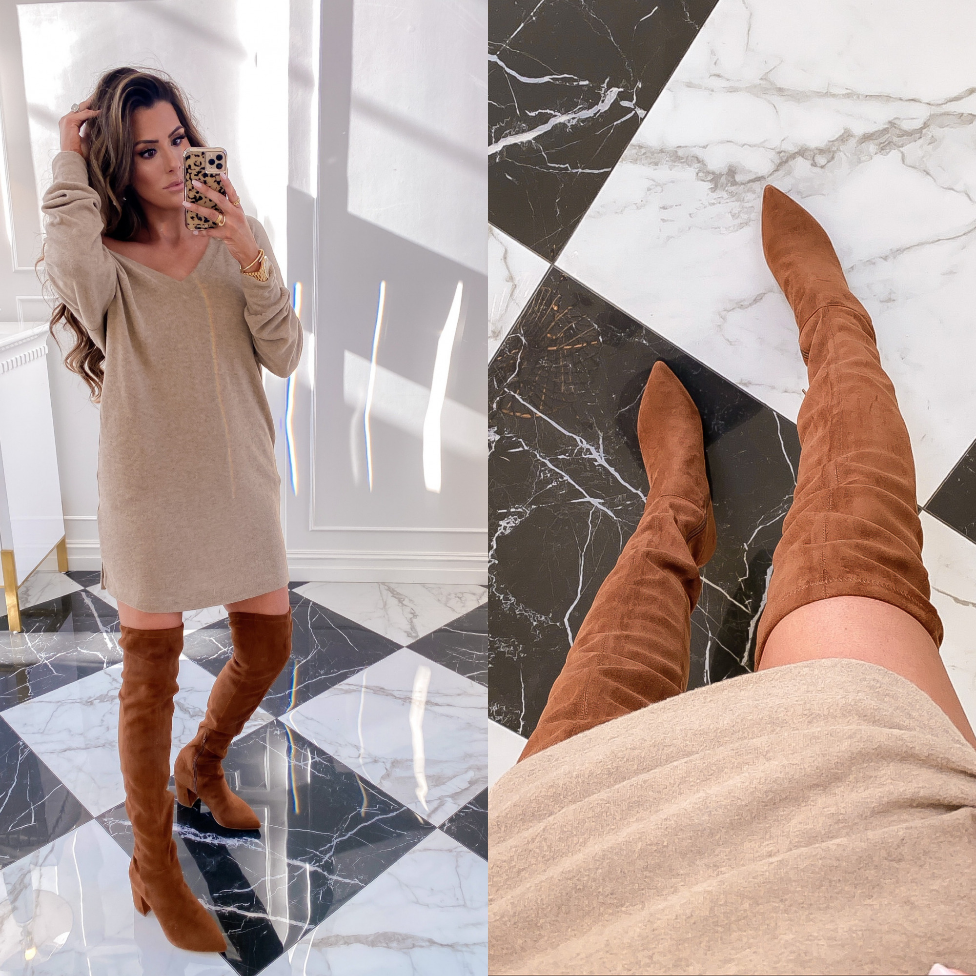 Nordstrom Anniversary Sale 2020 try on blog, NSALE 2020 boots dresses fall, emily gemma | Nordstrom Anniversary Sale by popular US fashion blog, The Sweetest Thing: image of Emily Gemma wearing a SOCIALITE SWEATER DRESS, STEVE MADDEN NIFTY POINTED TOE OVER THE KNEE BOOTS, and GOLD MICHELE WATCH.