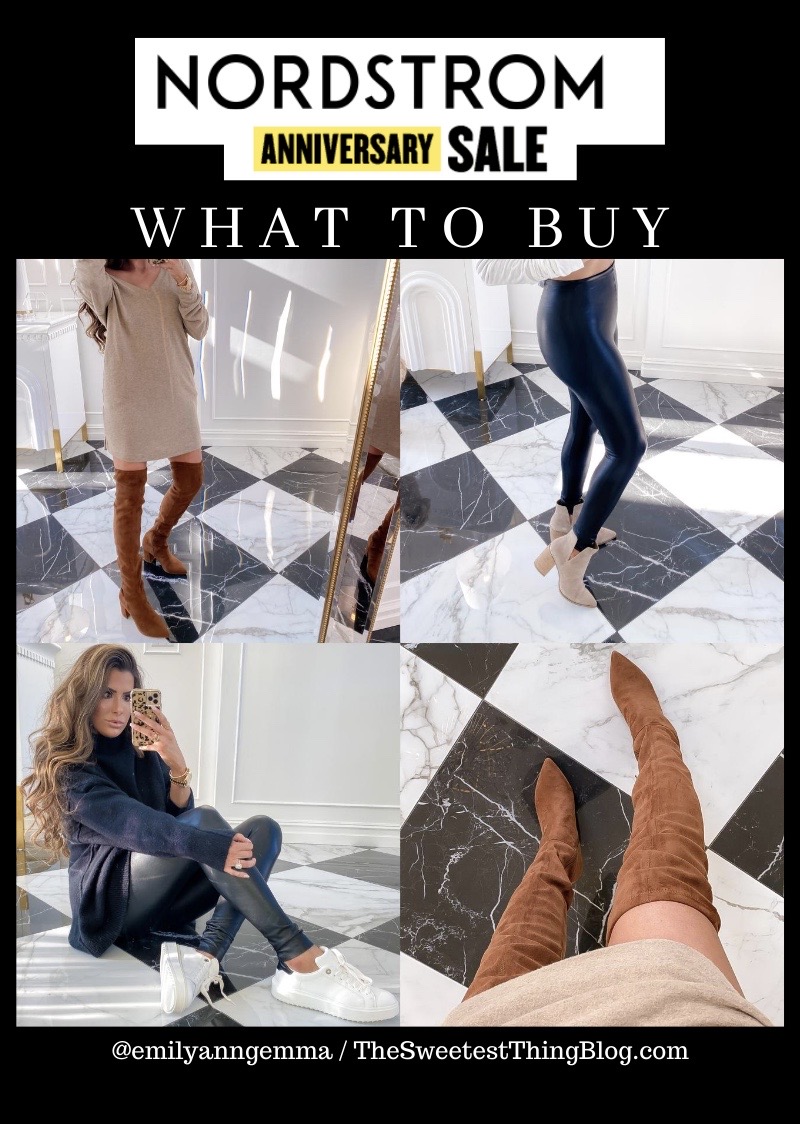 nordstrom anniversary sale 2020 blogger picks, top picks NSALE 2020, Emily Gemma | Nordstrom Anniversary Sale by popular US fashion blog, The Sweetest Thing: collage image of Emily Gemma wearing a sweater dress, over the knee brown suede boots, black turtleneck sweater, and black faux leather leggings. 