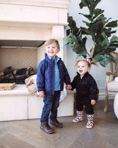 Nsale 2020, Baby Fashion, Toddler outfits, Nordstrom Sale 2020, Emily Ann Gemma |Instagram Recap by popular US life and style blog, The Sweetest Thing: image of two kids standing together and holding hands and wearing a Patagonia jacket, black two piece set, pink leopard print rain boots, brown shoes. 