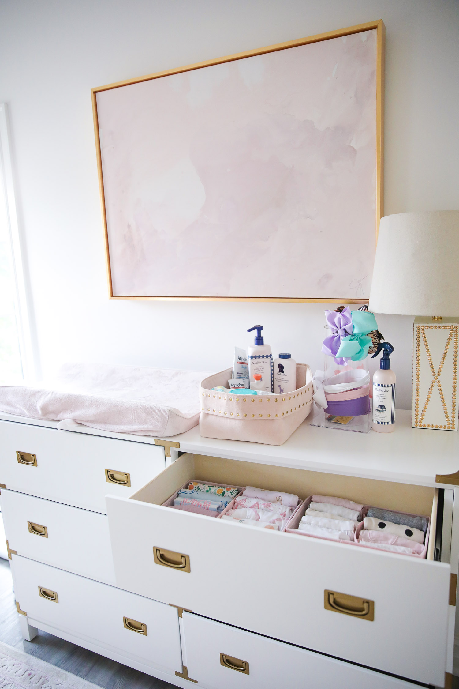 walmart kids home organization must haves, playroom organization ideas, emily gemma, the sweetest thing blog | Playroom Organization by popular US life and style blog, The Sweetest Thing: image of a dresser drawer organized with Walmart mDesign Fabric Child/Kids Drawer Organizer and Walmart youlaike 5 Cells Plastic Organizer Storage Box Tie Bra Socks Drawer Cosmetic Divider.