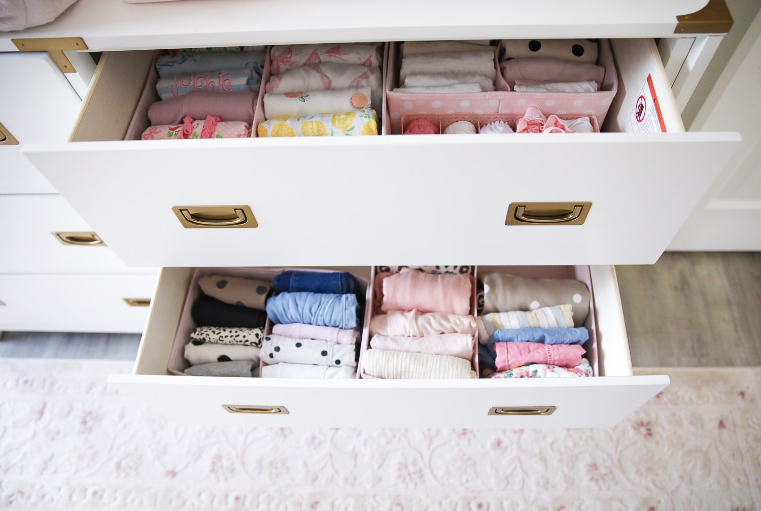 walmart kids home organization must haves, playroom organization ideas, emily gemma, the sweetest thing blog | Playroom Organization by popular US life and style blog, The Sweetest Thing: image of a dresser drawer organized with Walmart mDesign Fabric Child/Kids Drawer Organizer and Walmart youlaike 5 Cells Plastic Organizer Storage Box Tie Bra Socks Drawer Cosmetic Divider.