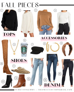 fall outfit pieces, fall fashion, fall sweaters, booties, sweaters, ripped jeans | Fall Clothing by popular US fashion blog, The Sweetest Thing: collage image of a Nordstrom Chelsea 28 Cowl Neck Sweater, Free People Ottoman Slouchy Tunic, Revolve Free People Juicy Long Sleeve Top, Express Ruched Sleeve Crew Neck Sweater, The Styled Collection CELTIC COIN TOGGLE, Etsy Personalized Cheetah Print hot Starbucks cup, Revolve Brixton Fiddler Cap, The Styled Collection UNITY HOOPS, and ShopBop Lele Sadoughi Velvet Embellished Headband, Steve Madden Over The Knee Boot, Steve Madden Forever Chain Pointed Toe Mule, Revolve Freddie Bootie Tony Bianco brand:Tony Bianco, Nadalie Pointed Toe Bootie STEVE MADDEN, Express Flying Monkey High Waisted Distressed Cropped Straight Jeans, Nordstrom Good Waist Distressed High Waist Ankle Skinny Jeans GOOD AMERICAN, and Nordstrom Good Curve Ripped Crop Skinny Jeans GOOD AMERICAN.