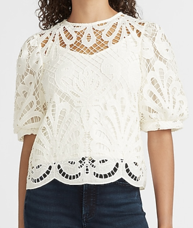 Lace Scalloped Short Puff Sleeve Top