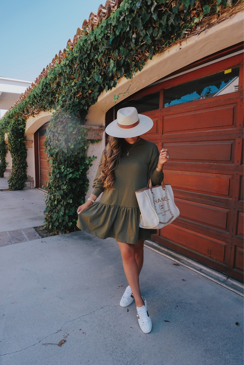 Instagram Recap by popular US lifestyle blog, The Sweetest Thing: image of Emily Gemma wearing a green H&M dress, Natalie B Jewelry, Rag & Bone hat, Gucci sneakers and holding a Chanel bag. 