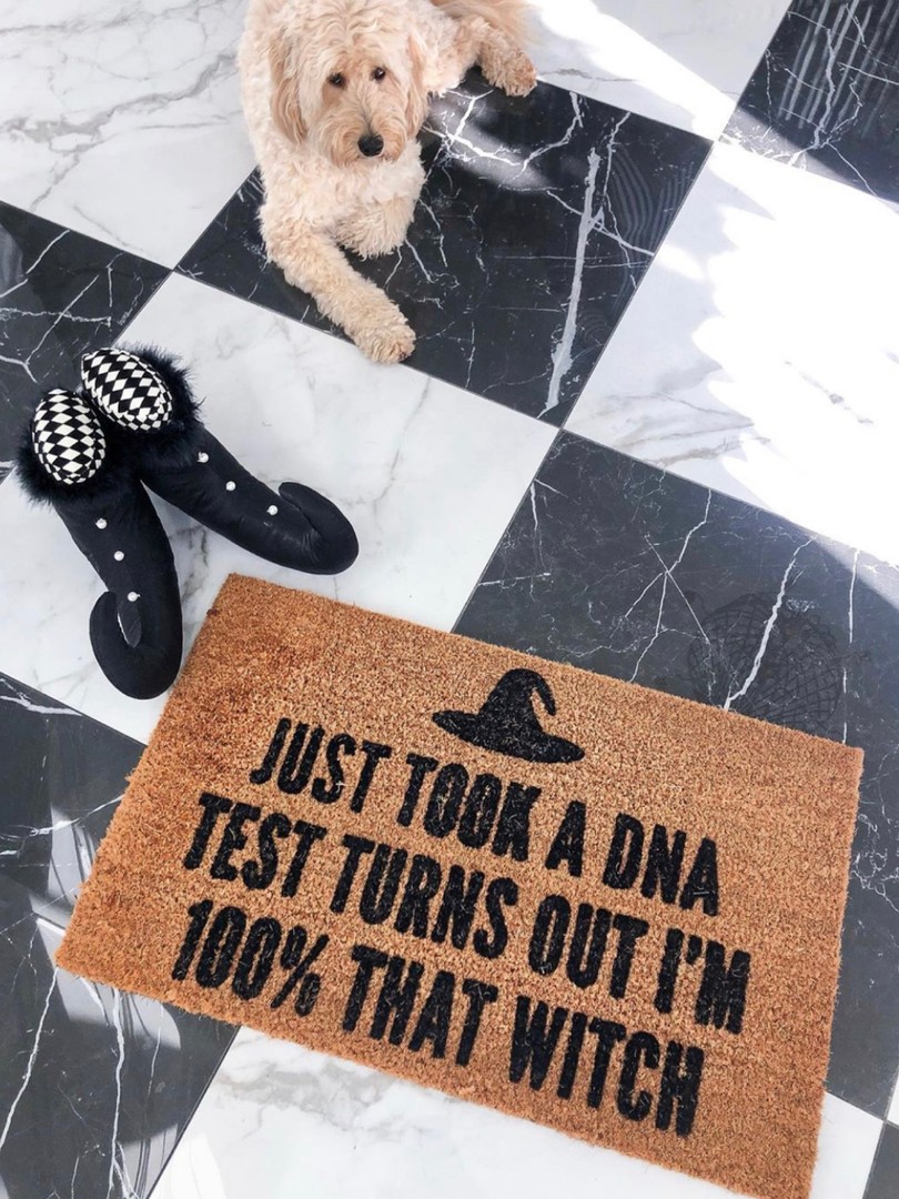 Instagram Recap by popular US lifestyle blog, The Sweetest Thing: image of a poodle breed dog laying next to a Etsy Halloween door mat. 