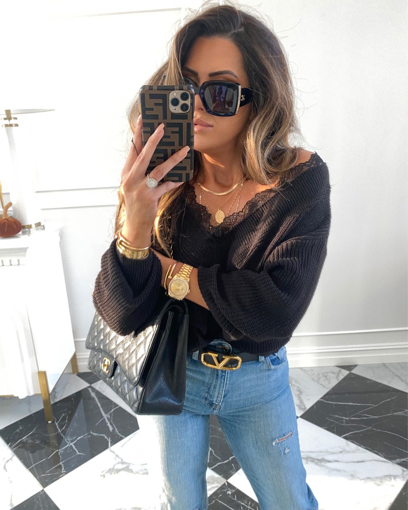 Instagram Recap by popular US lifestyle blog, The Sweetest Thing: image of Emily Gemma wearing a H&M black sweater, H&M jeans, Valentino belt, 8 other reasons necklace, and Chanel bag.