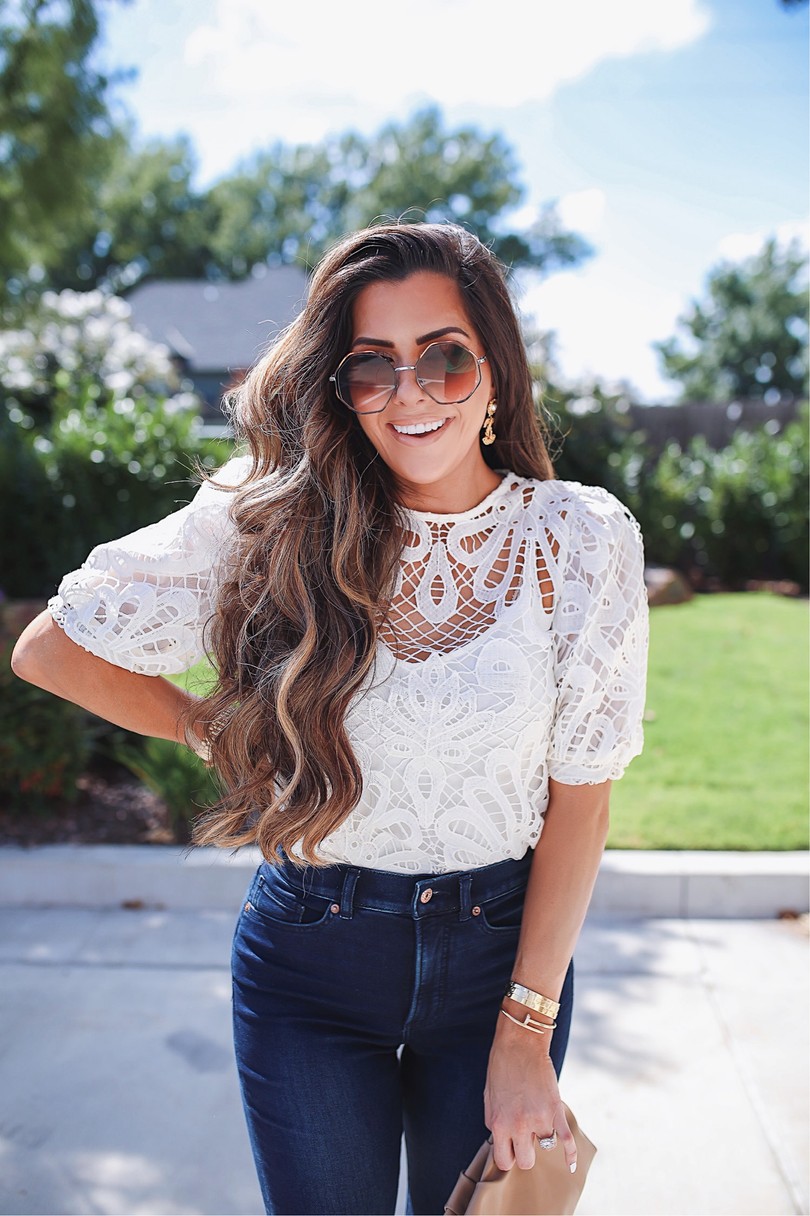 Instagram Recap by popular US lifestyle blog, The Sweetest Thing: image of Emily Gemma wearing a white lace express top, Express jeans, and Express sunglasses.