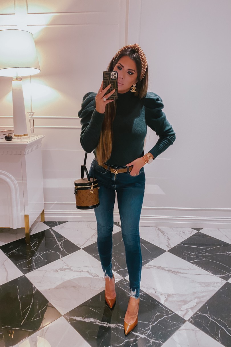 Instagram Recap by popular US lifestyle blog, The Sweetest Thing: image of Emily Gemma Wearing Good American jeans, Louis Vuitton belt, black Express sweater, Chanel earrings, Louis Vuitton bag, and Lele Sadoughi headband.