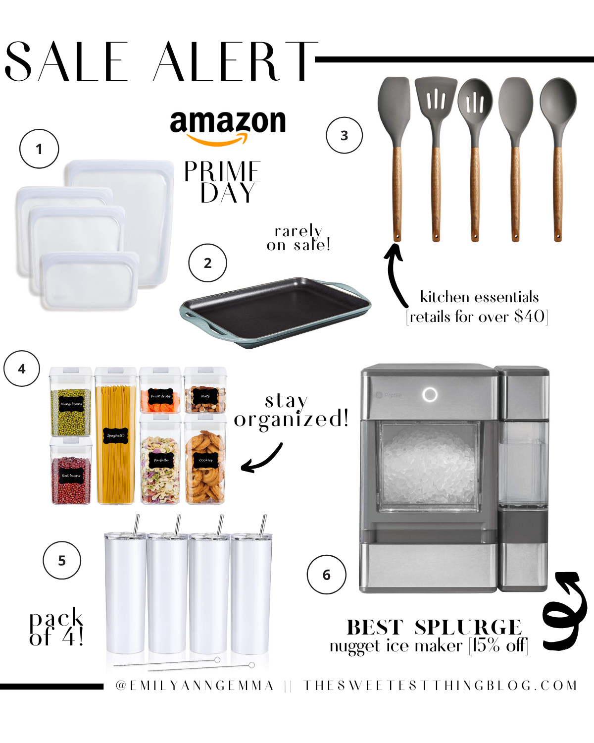 Prime Day by popular US life and style blog, The Sweetest Thing: collage image of a pebble ice machine, acrylic storage containers, kitchen utensils, Le Creuset cooking griddle, Stasher food bags, and insulated stainless steel tumblers. 