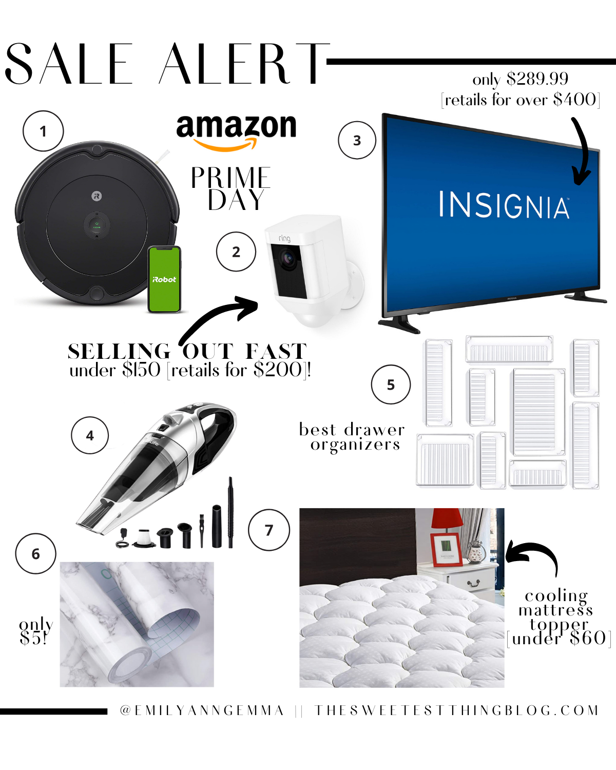 Prime Day by popular US life and style blog, The Sweetest Thing: collage image of a Insignia flat screen t.v., irobot roomba vacuum, acrylic trays, cooling mattress topper, ring camera, and a handheld vacuum,.