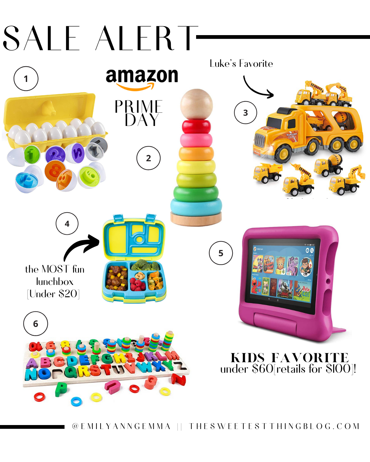 Prime Day by popular US life and style blog, The Sweetest Thing: collage image of Amazon kindle, bento box, alphabet puzzle, stacking rings, construction trucks, and Stem learning eggs. 
