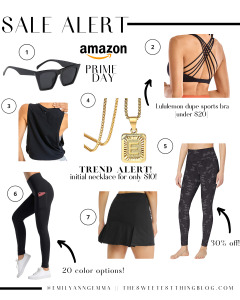 Prime Day by popular US life and style blog, The Sweetest Thing: collage image of black sunglasses, black camo leggings, black sports bra, gold initial necklace, black workout tank, and black tennis skirt. 