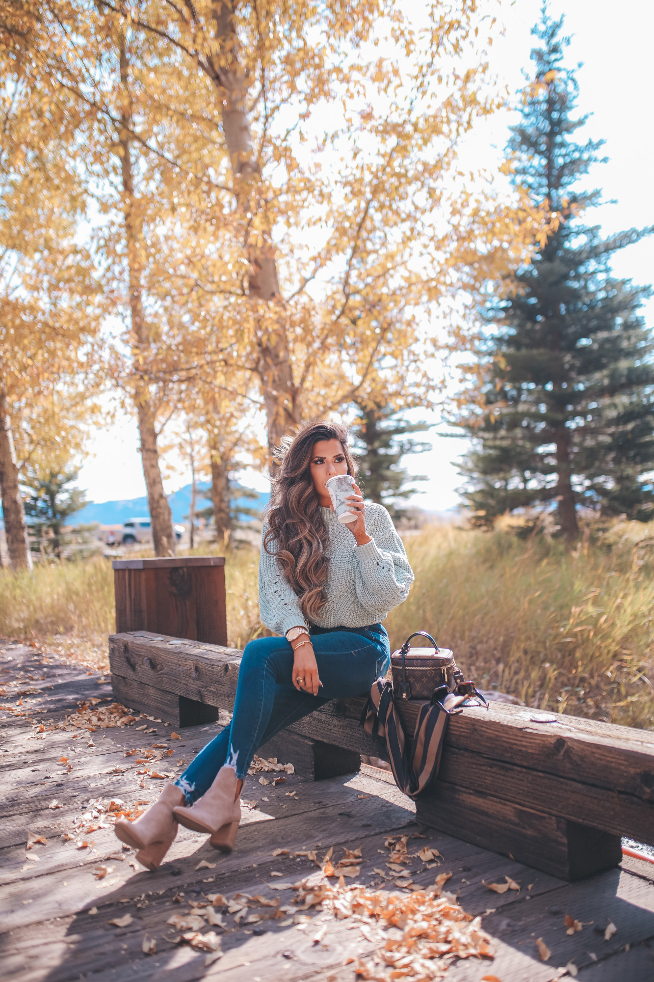 Fall Clothing by popular US fashion blog, The Sweetest Thing: image of Emily Gemma outside at Jackson Hole and wearing a Nordstrom BP.Traveling Stitch Sweater, Nordstrom Good American Good Waist Distressed High Waist Ankle Skinny Jeans, Nordstrom Steve Madden Kaylah Pointed Toe Bootie, and sitting next to a pair of Nordstrom Celine 54mm Cat Eye Sunglasses.