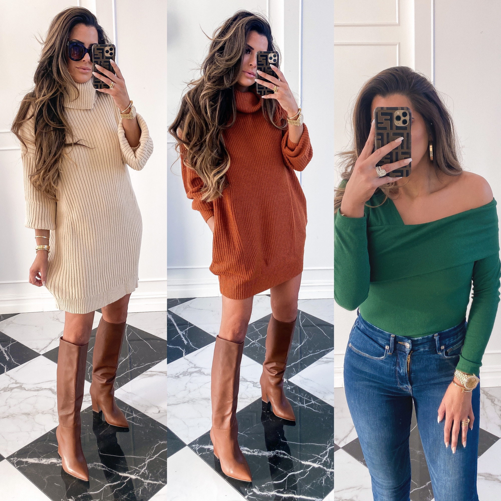 Prime Day by popular US life and style blog, The Sweetest Thing: collage image of Emily Gemma wearing a Amazon turtleneck sweater dress, brown knee high boots, sunglasses, and green off the shoulder top. 