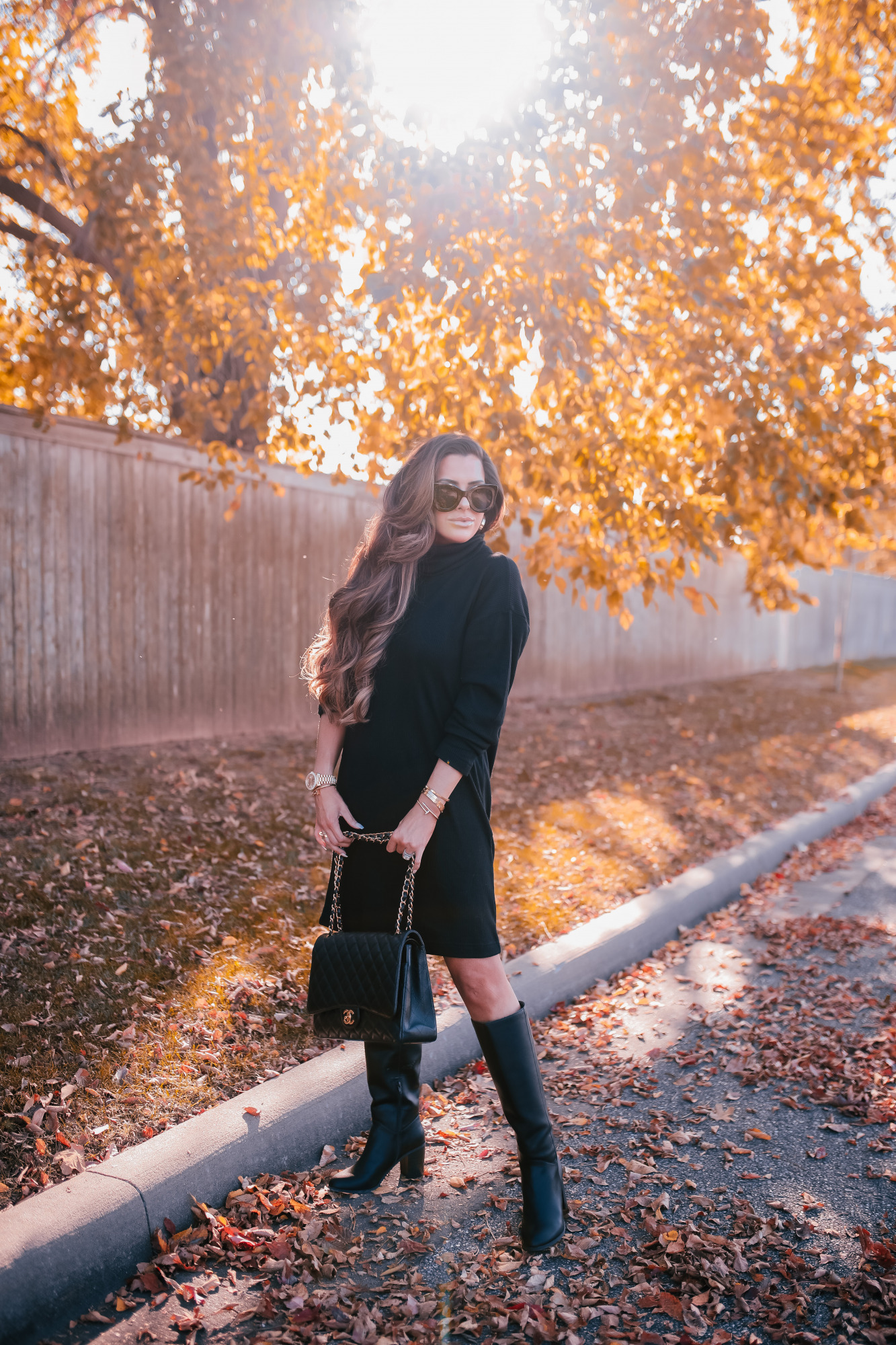 walmart fall fashion outfit ideas 2020, tulsa fashion blog, emily ann gemma1 |Fall Clothing by popular US fashion blog, The Sweetest Thing: image of a woman wearing a Walmart Time and Tru Women's Cowlneck Dress, Walmart Melrose Ave Women's Vegan Leather Knee High Block Heel Boots, and carrying a Chanel bag. 