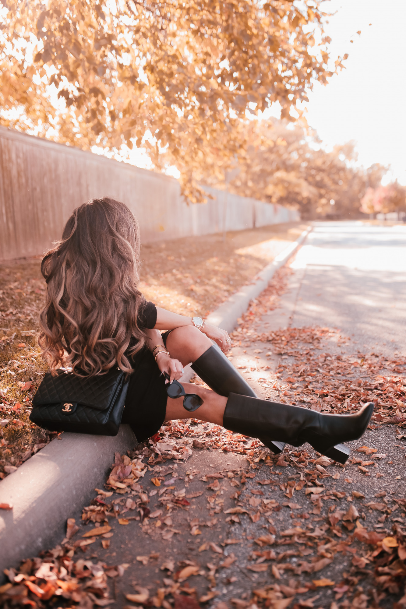 walmart fall fashion outfit ideas 2020, tulsa fashion blog, emily ann gemma5 |Fall Clothing by popular US fashion blog, The Sweetest Thing: image of a woman wearing a Walmart Time and Tru Women's Cowlneck Dress, Walmart Melrose Ave Women's Vegan Leather Knee High Block Heel Boots, and carrying a Chanel bag. 