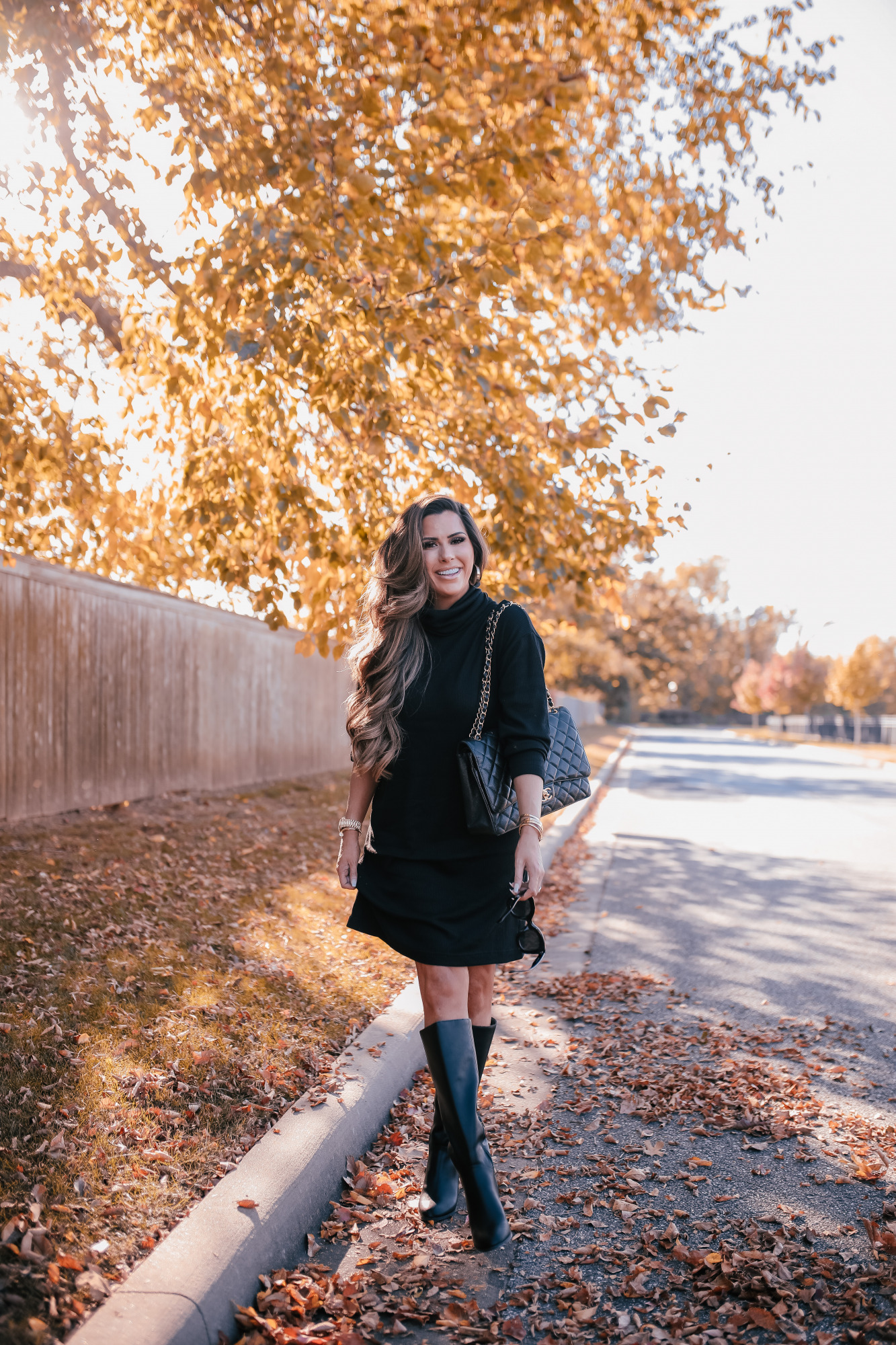 walmart fall fashion outfit ideas 2020, tulsa fashion blog, emily ann gemma5 | Fall Clothing by popular US fashion blog, The Sweetest Thing: image of a woman wearing a Walmart Time and Tru Women's Cowlneck Dress, Walmart Melrose Ave Women's Vegan Leather Knee High Block Heel Boots, and carrying a Chanel bag. 