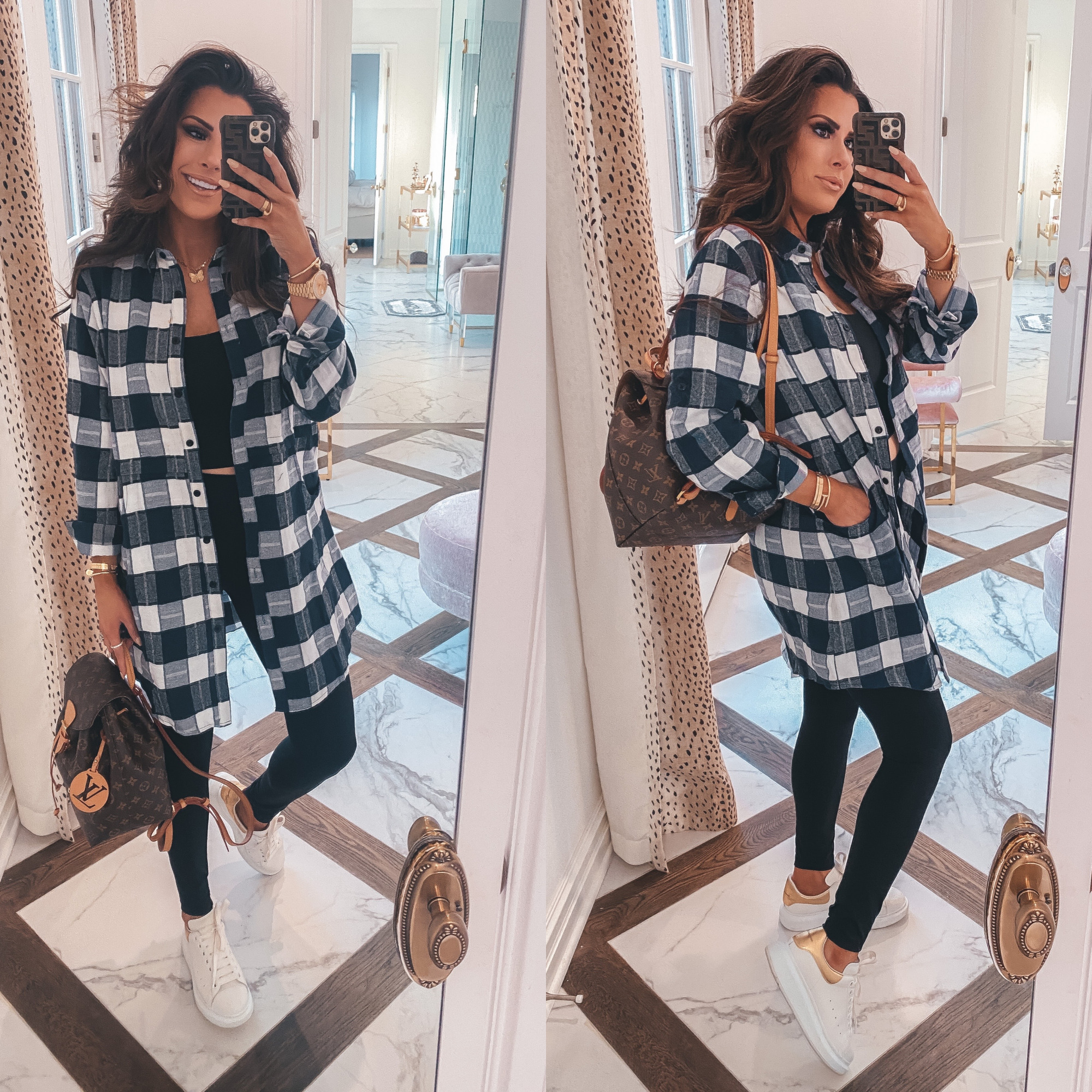Thanksgiving Outfits by popular US fashion blog, The Sweetest Thing: image of Emily Gemma wearing a black cropped tank, oversized flannel shirt, black leggings, white platform sneakers, gold Rolex watch, Bracha necklace, The Styled Collection earrings, and holding a Louis Vuitton backpack. 