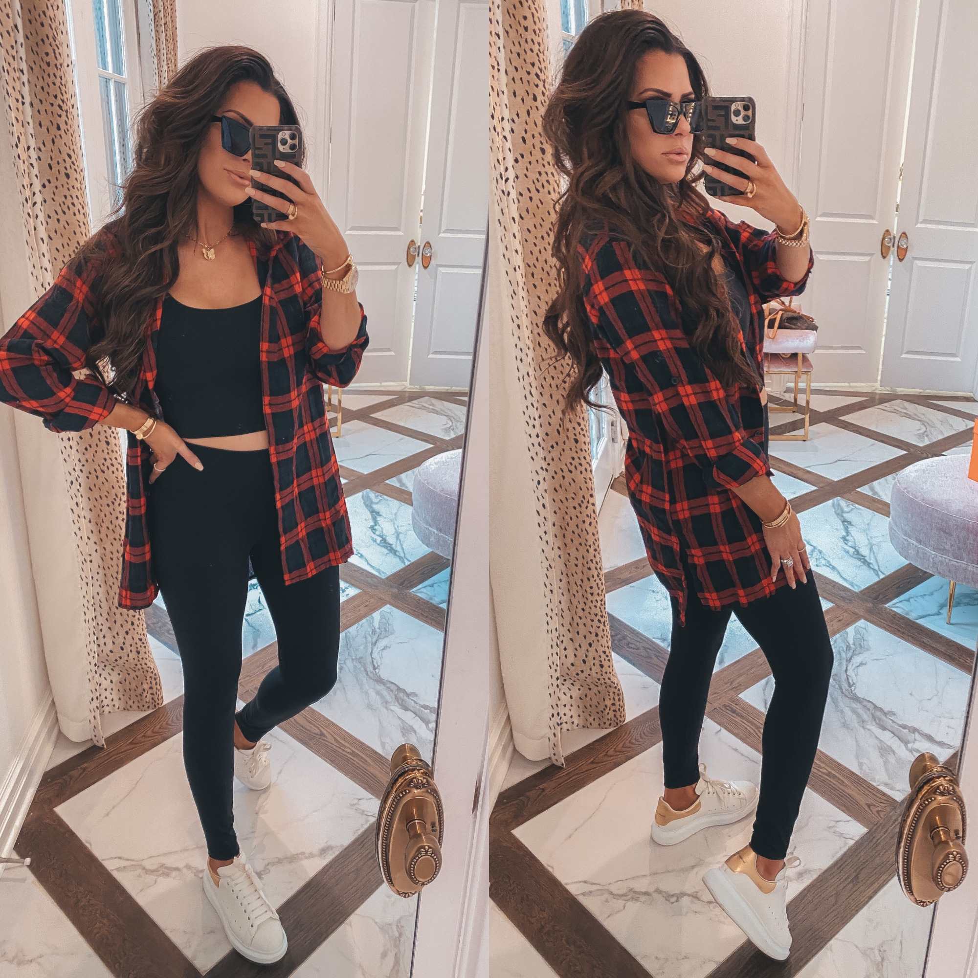 Thanksgiving Outfits by popular US fashion blog, The Sweetest Thing: image of Emily Gemma wearing a black cropped tank, oversized flannel shirt, black leggings, white platform sneakers, gold Rolex watch, Bracha necklace, The Styled Collection earrings, and holding a Louis Vuitton backpack. 
