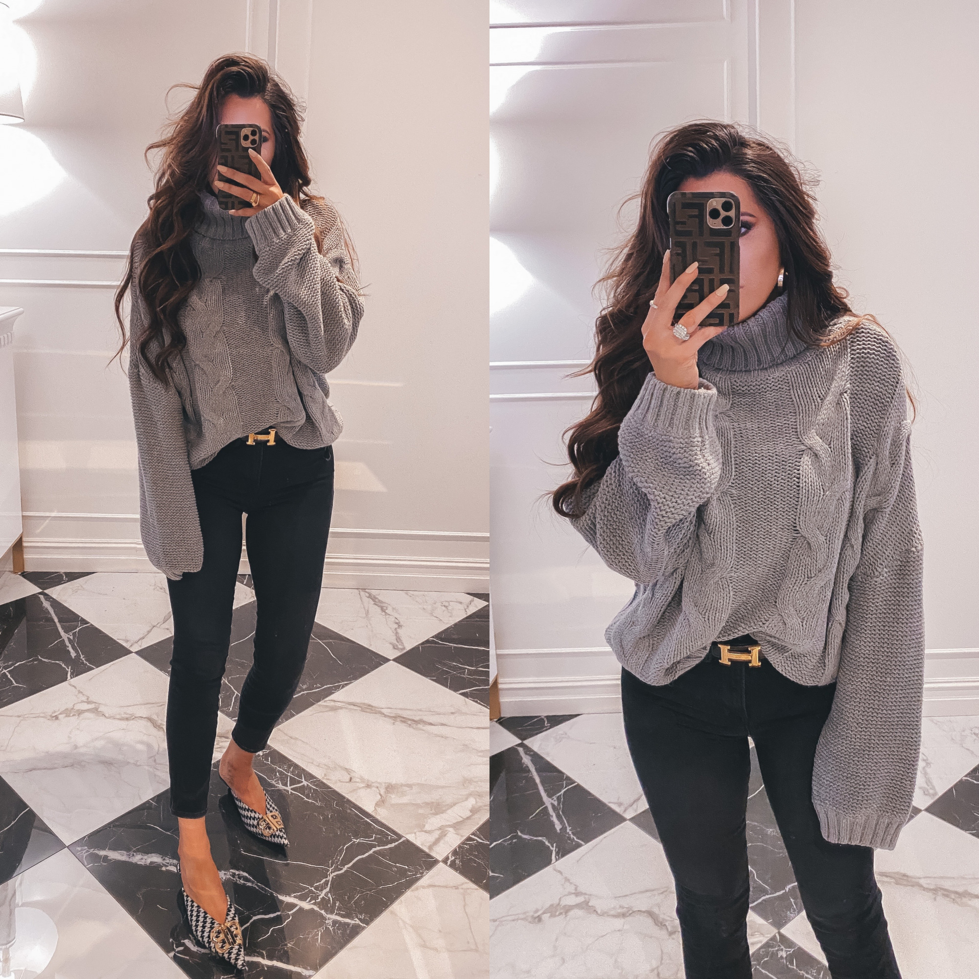 Thanksgiving Outfits by popular US fashion blog, The Sweetest Thing: image of Emily Gemma wearing a oversized mock neck sweater, Hermes belt, Good American jeans, Balenciaga shoes, Cartier rings and bracelets, Bracha necklace and The Styled Collection earrings. 