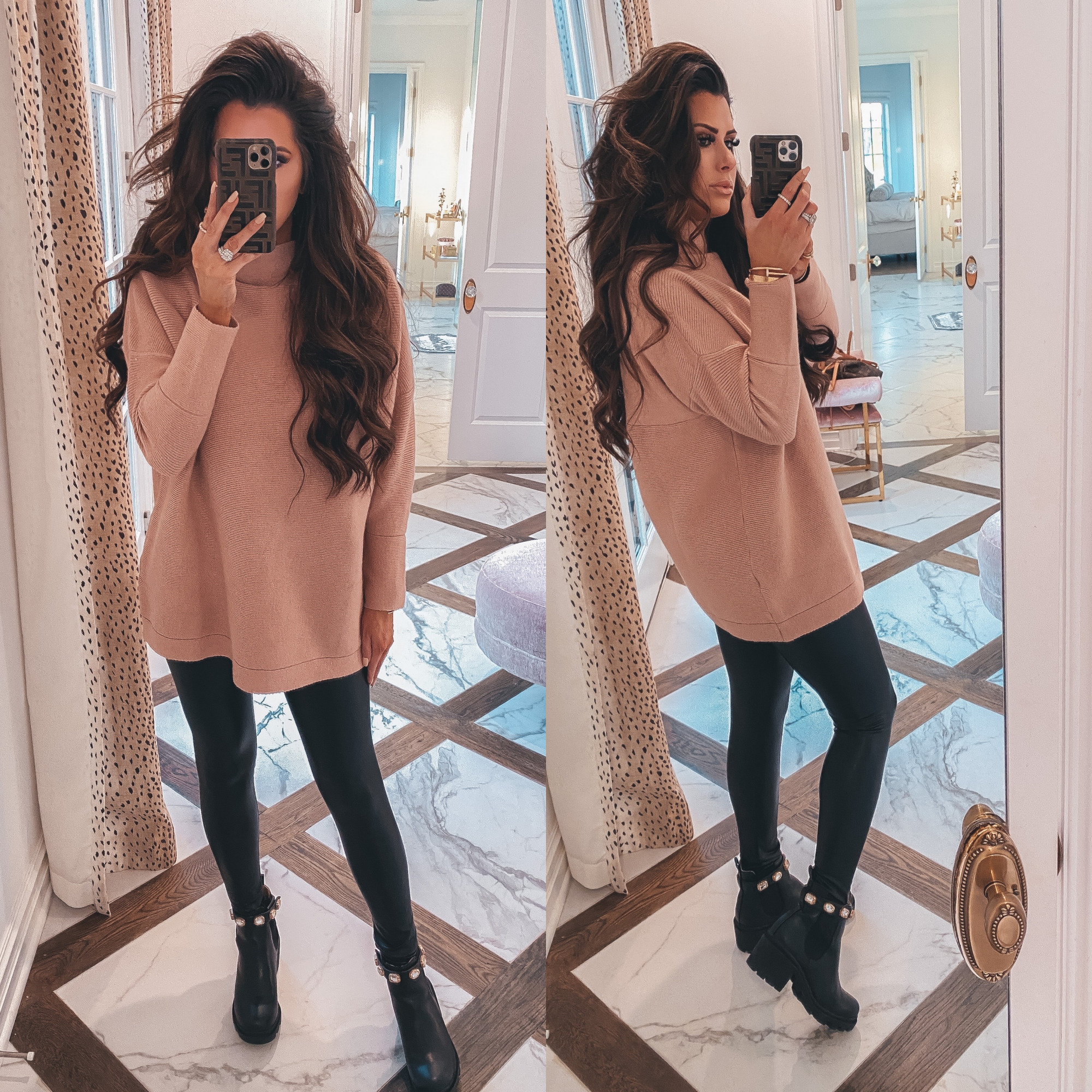 Thanksgiving Outfits by popular US fashion blog, The Sweetest Thing: image of Emily Gemma wearing a oversized pink mock neck sweater, black leather leggings, Steve Madden Boots, Cartier rings and bracelets, Bracha necklace and The Styled Collection earrings. 