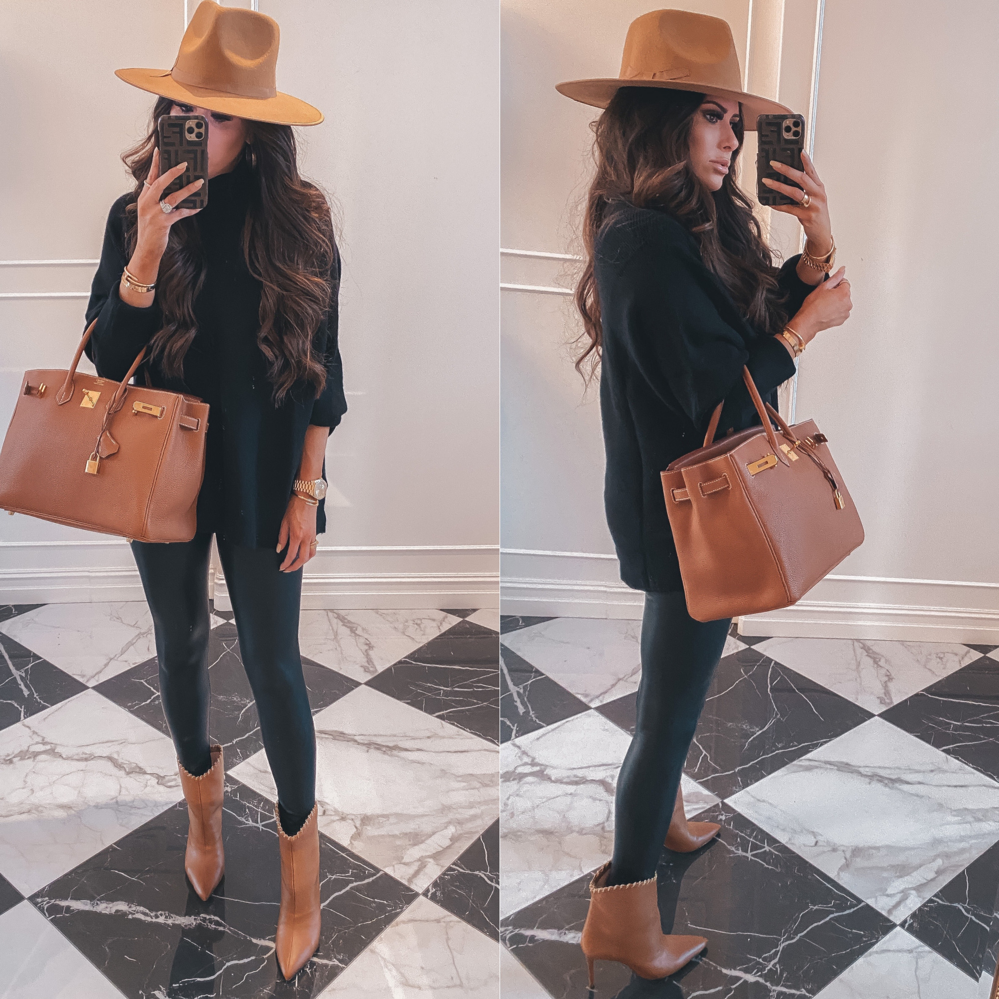 Thanksgiving Outfits by popular US fashion blog, The Sweetest Thing: image of Emily Gemma wearing a oversized black mock neck sweater, Commando black leather leggings, Schutz Boots, Cartier rings and bracelets, Bracha necklace, The Styled Collection earrings, tan felt fedora, and holding a Hermes Birkin bag. 