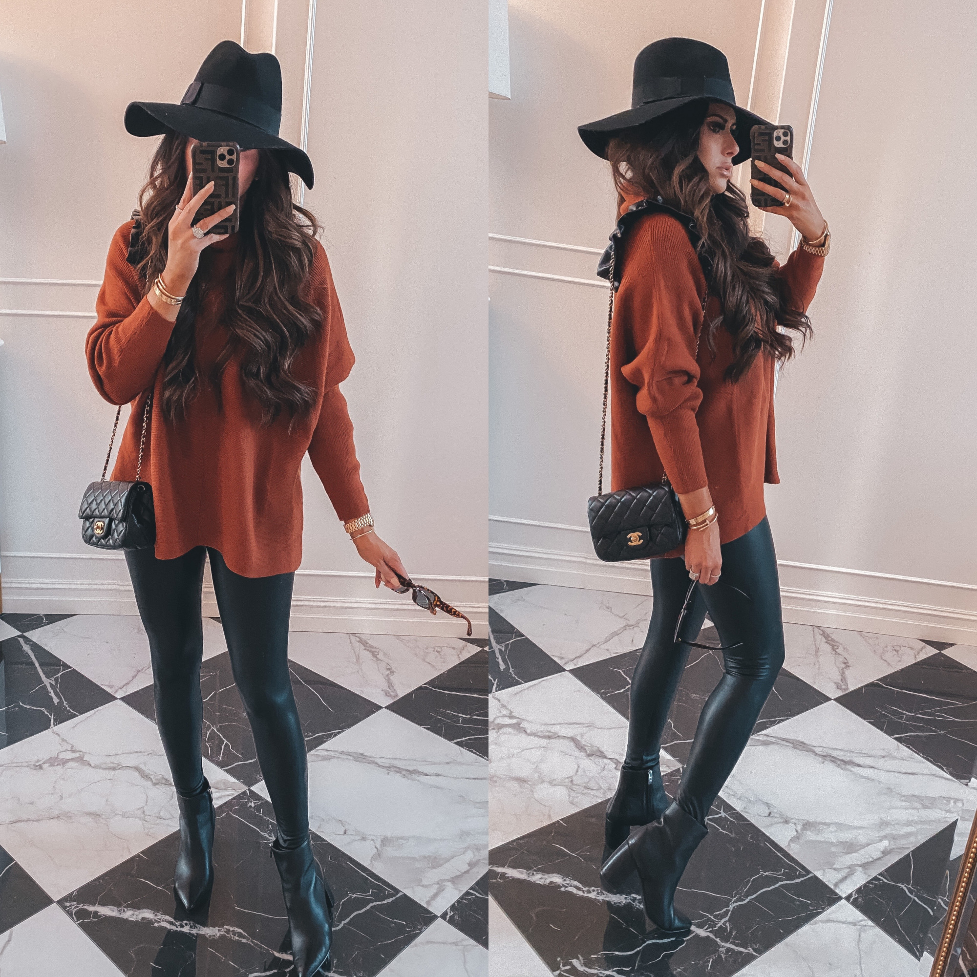 Thanksgiving Outfits by popular US fashion blog, The Sweetest Thing: image of Emily Gemma wearing a oversized mock neck sweater, Hermes belt, Commando black leather leggings, Steve Madden Boots, Cartier rings and bracelets, black floppy brim felt fedora, Bracha necklace and The Styled Collection earrings. 