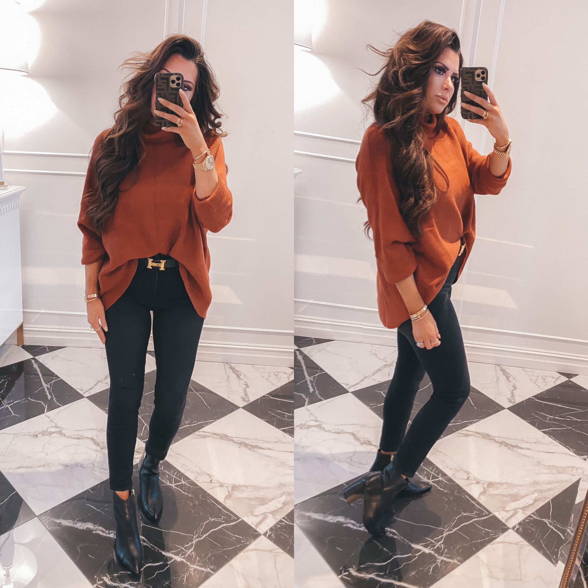 Thanksgiving Outfits by popular US fashion blog, The Sweetest Thing: image of Emily Gemma wearing a oversized mock neck sweater, Hermes belt, Good American jeans, Steve Madden Boots, Cartier rings and bracelets, Bracha necklace and The Styled Collection earrings. 