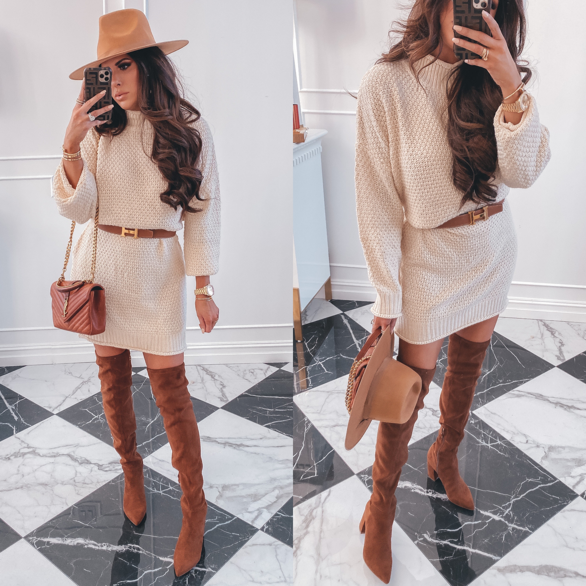 Thanksgiving Outfits by popular US fashion blog, The Sweetest Thing: image of Emily Gemma wearing a sweater dress with pockets, Hermes belt, tan felt fedora, Cartier rings and bracelets, Bracha necklace, Steve Madden Over the Knee boots, The Styled Collection earrings, and a YSL purse. 