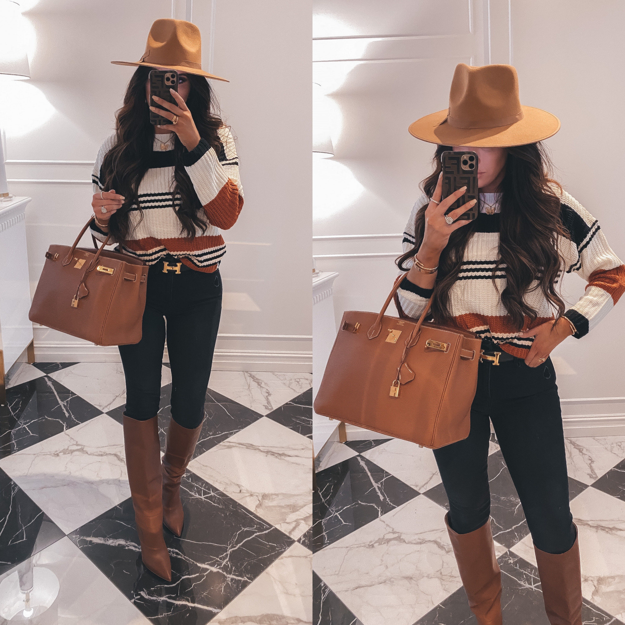 Thanksgiving Outfits by popular US fashion blog, The Sweetest Thing: image of Emily Gemma wearing a color block pullover sweater, brown knee high boots, tan felt fedora, Good American jeans, Bracha necklace, Cartier rings and bracelets, Hermes belt, and holding a Hermes Birkin bag. 