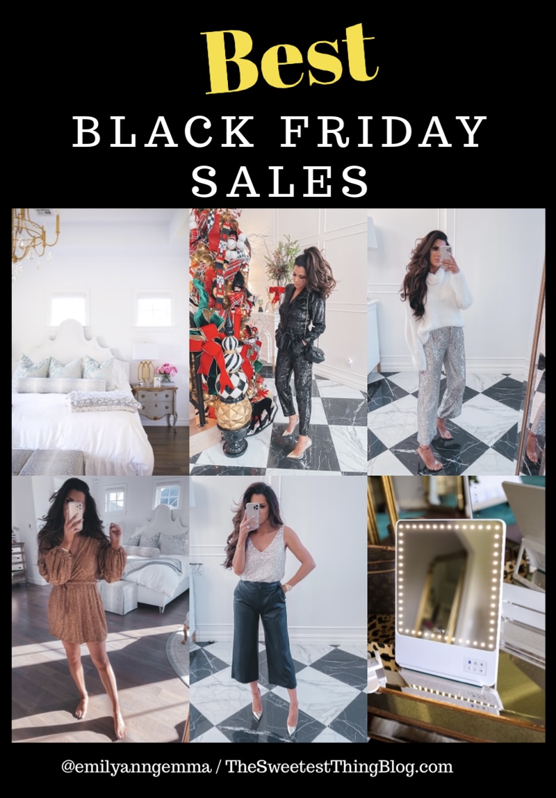 best black friday cyber monday sales 2020, top black friday sales 2020, emily gemma | 2020 Black Friday Deals by popular US life and style blog, The Sweetest Thing: collage image of Emily Gemma wearing different holiday outfits, home decor, and beauty products. 