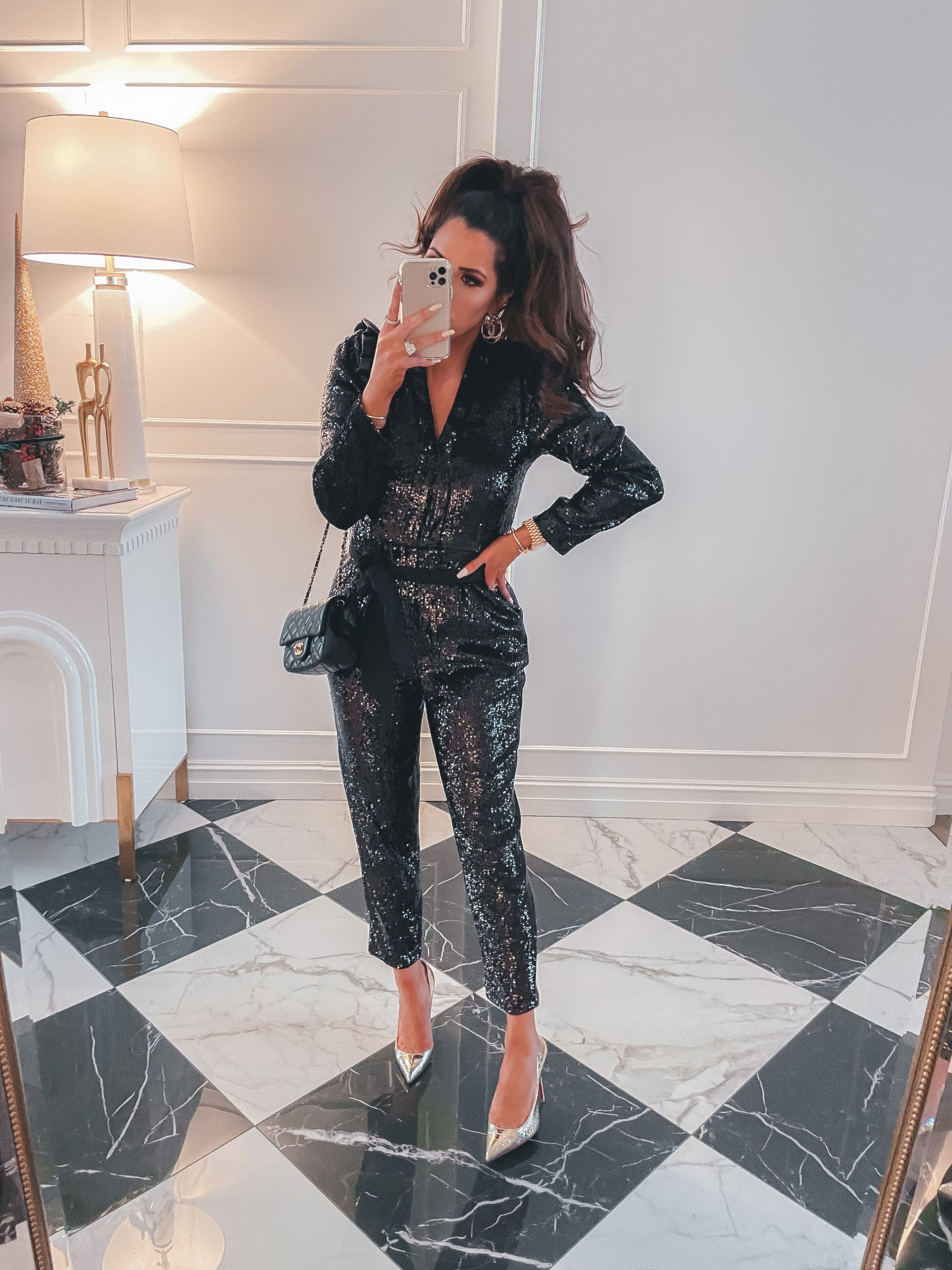 best black friday cyber monday sales 2020, top black friday sales 2020, emily gemma166 |2020 Black Friday Deals by popular US life and style blog, The Sweetest Thing: image of Emily Gemma wearing a black sequin jumpsuit and silver stiletto heels. 