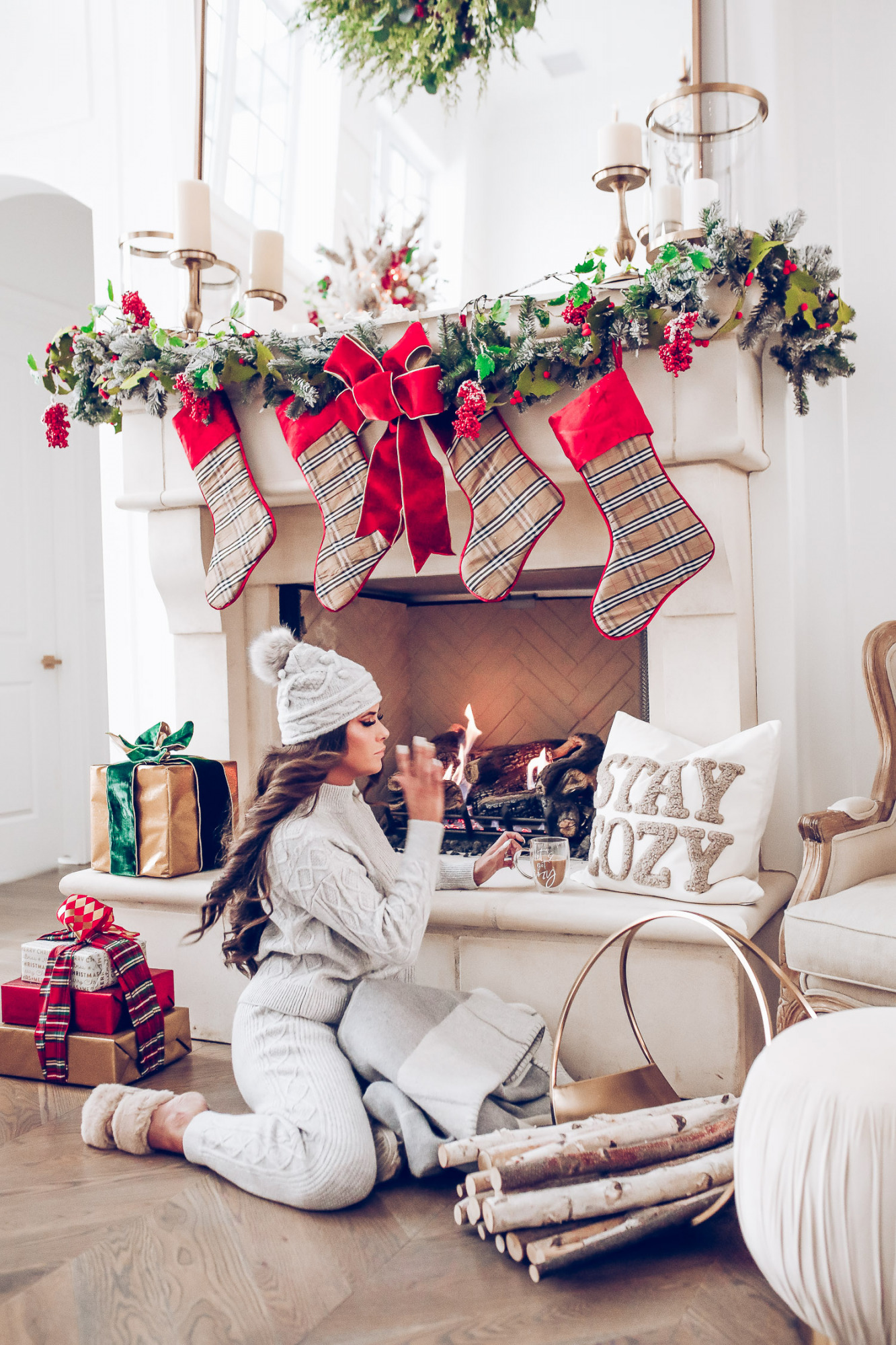 Express loungewear holiday 2020, express sweatsuit december 2020, emily gemma, holiday fireplace garland christmas