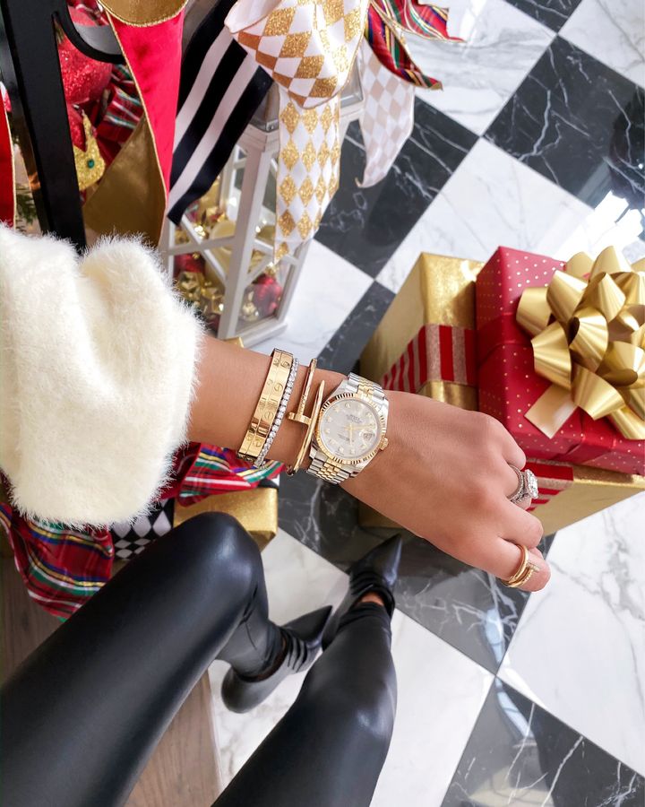 Rolex watch, Cartier love bracelet, Cartier bracelets, tennis bracelet, Christian Louboutin Booties, Faux Leather Leggings, Emily Gemma