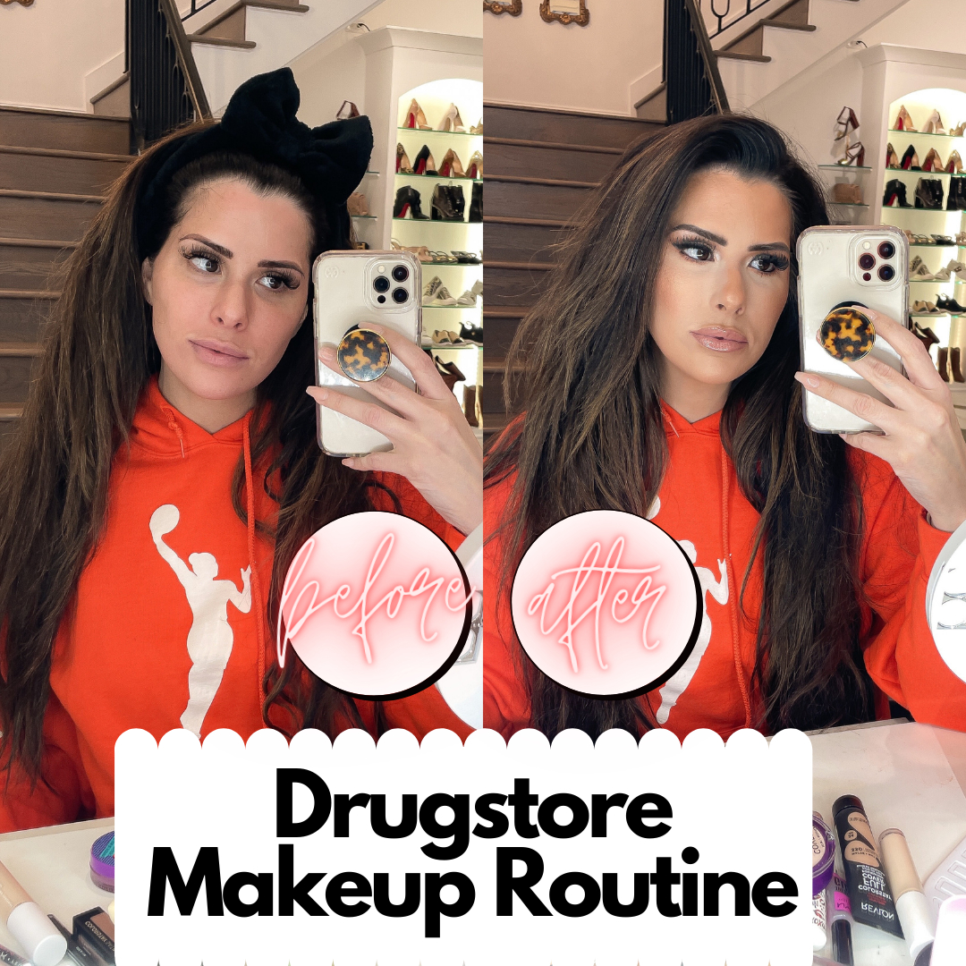 Best Drugstore Makeup by popular US beauty blog, The Sweetest Thing: side by side image of a Emily Gemma with and without a full face of makeup. 