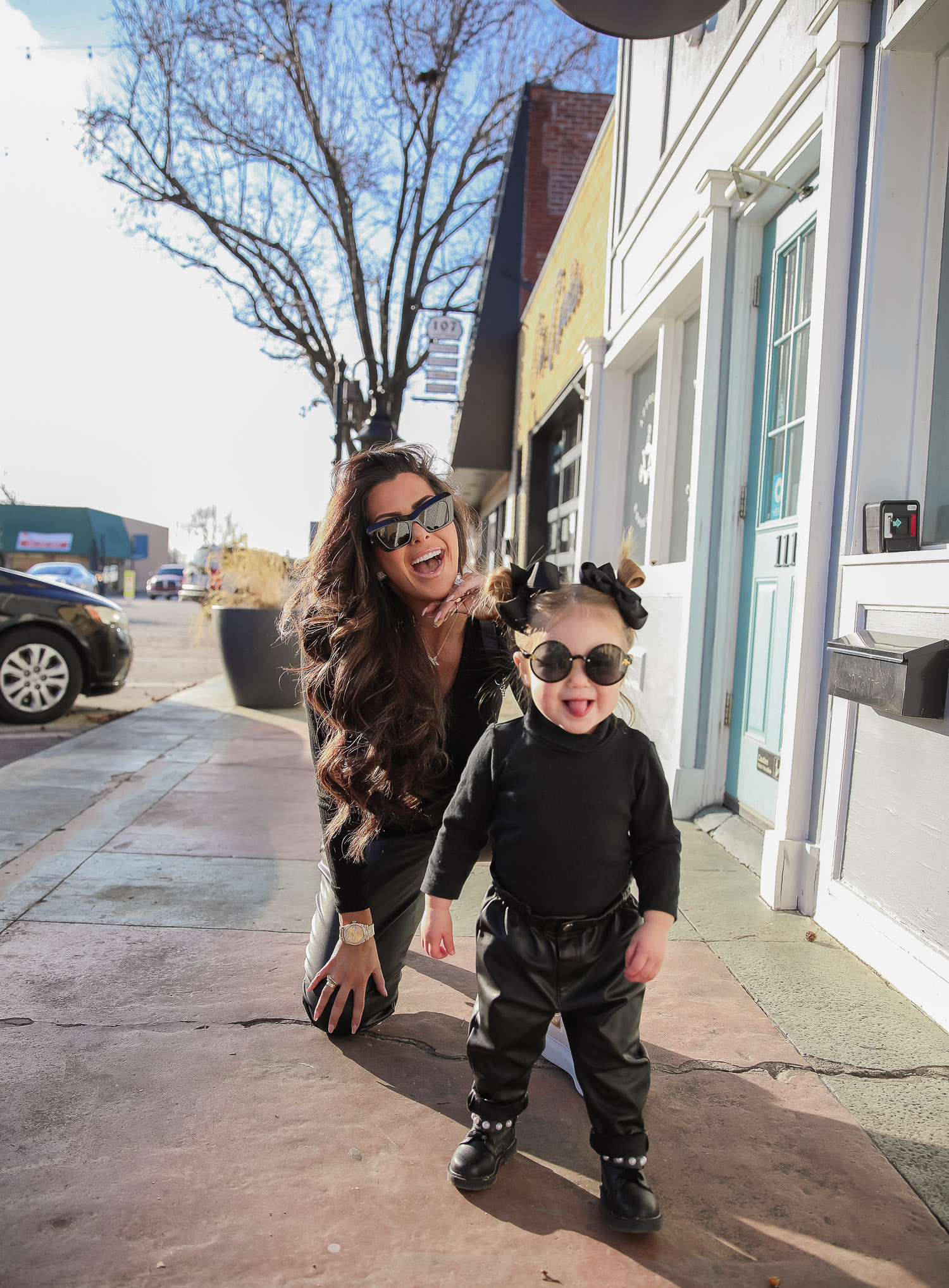 matching mommy daughter fashion outfits Pinterest, Emily Gemma, Nordstrom BP faux leather pants, loewe sunglasses, Alexander mcqueen sneakers gold white outfit pinterest