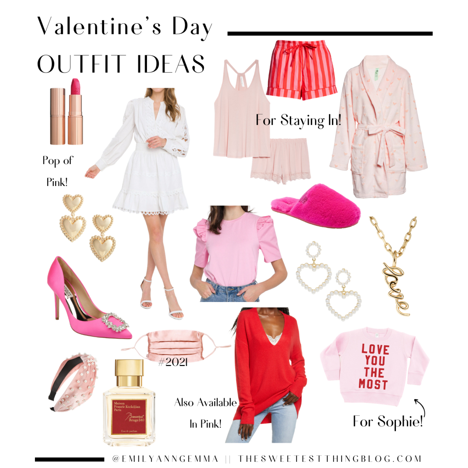 Valentine's Day Outfit Ideas by popular US fashion blog, The Sweetest Thing: collage image of a Charlotte Tilbury Hot Lips Lipstick in Electric Peony, Endless Rose White Lace Dress, Pink Lace Pajama Set, Pink and Red Striped Pajama Shorts, Plush Heart Robe, Gold Heart Earrings, Pink Puff Sleeved Tee Shirt, Pink Fuzzy Slippers, Pearl Heart Earrings, 'Love' Gold Chain Necklace, Pink Pumps, Pearl & Pink Headband, Pink Silk Face Mask, V-Neck Sweater, Love You The Most' Sweatshirt [for Sophie]  #16. Baccarat Rouge Perfume.