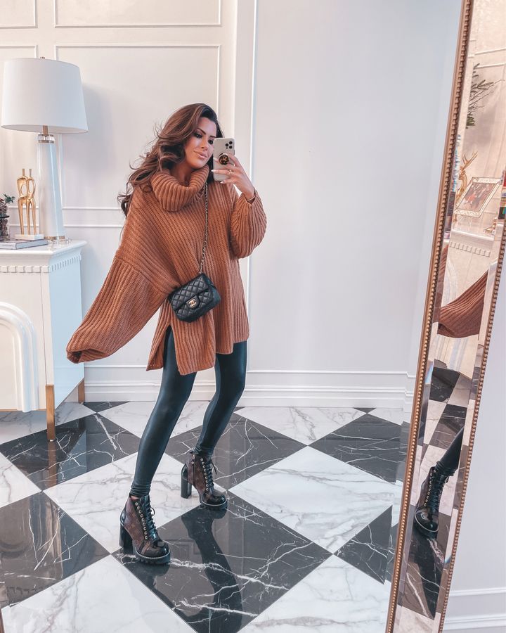 oversized turtleneck sweater, faux leather leggings, Louis Vuitton star trail boots, Chanel crossbody bag, mirror selfie, Emily Gemma