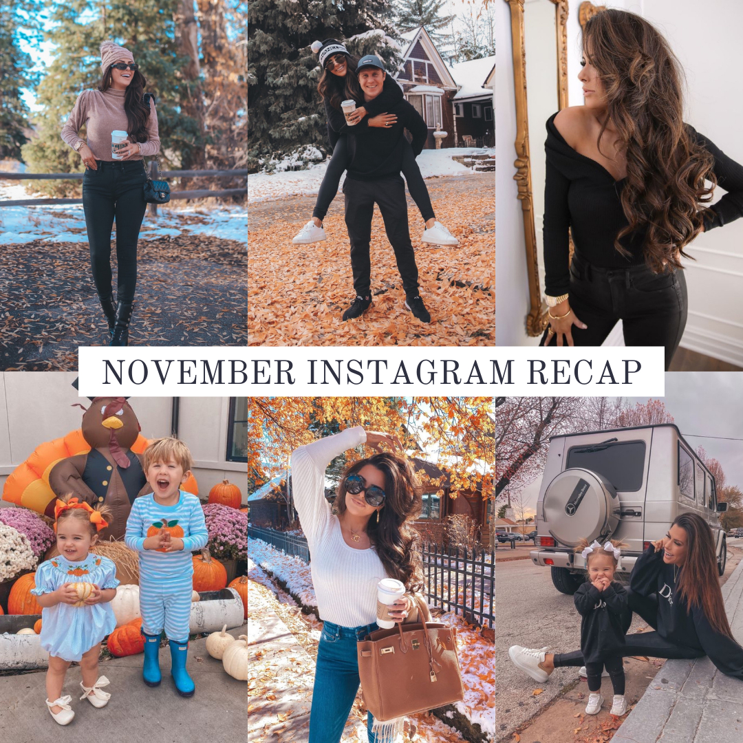 Instagram Fashion by popular US fashion blog, The Sweetest Thing: collage image of a woman wearing various outfits. | November Instagram Recap by popular US lifestyle blog, The Sweetest Thing: collage image of some of Emily Gemma's November Instagram pictures.