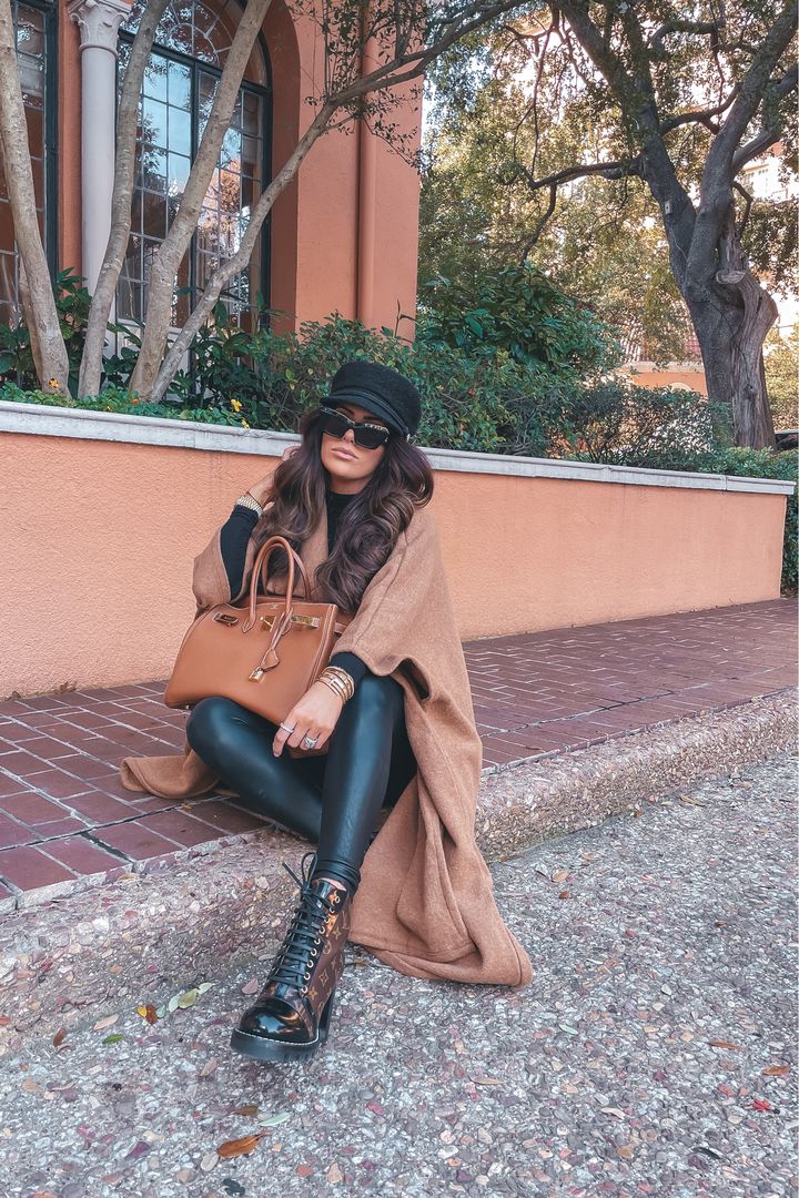 Free People cape, hermes birkin, faux leather legging, camel poncho, flattering black bodysuit, Emily Ann gemma outfit ideas