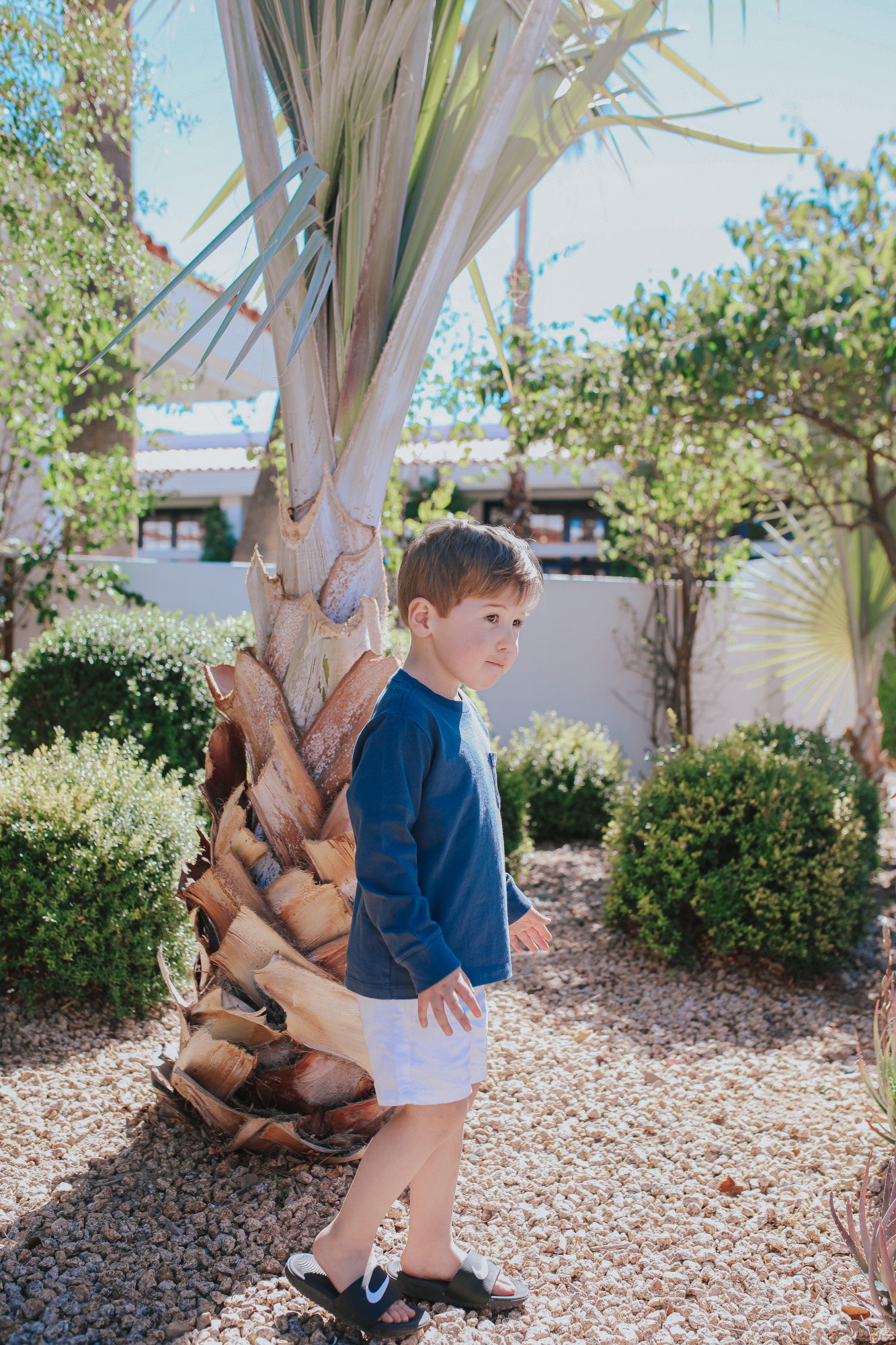 toddler boy vineyard vines |Mom Jeans by popular US fashion blog, The Sweetest Thing: image of a little boy standing outside in Scottsdale, Arizona and wearing a Vineyard Vines t-shirt and tan shorts with a pair of Nike slide sandals.
