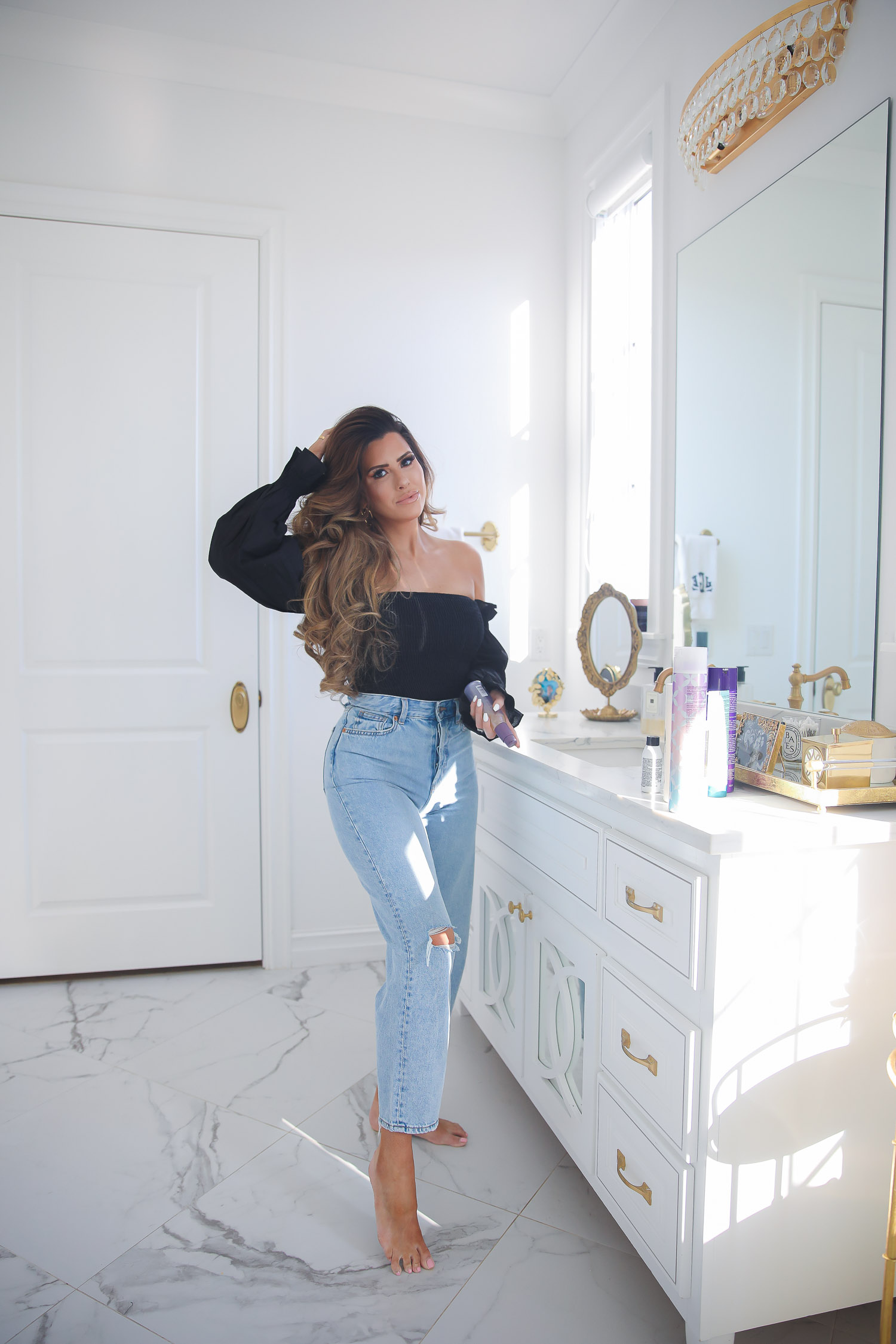 hair dot com, best hair products for long hair and extensions, Purology shampoo and conditioner, emily gemma, the sweetest thing blog |Instagram Recap by popular US fashion blog, The Sweetest Thing: image of Emily Gemma wearing a black NastyGal off the shoulder top and light wash high waist denim jeans. 