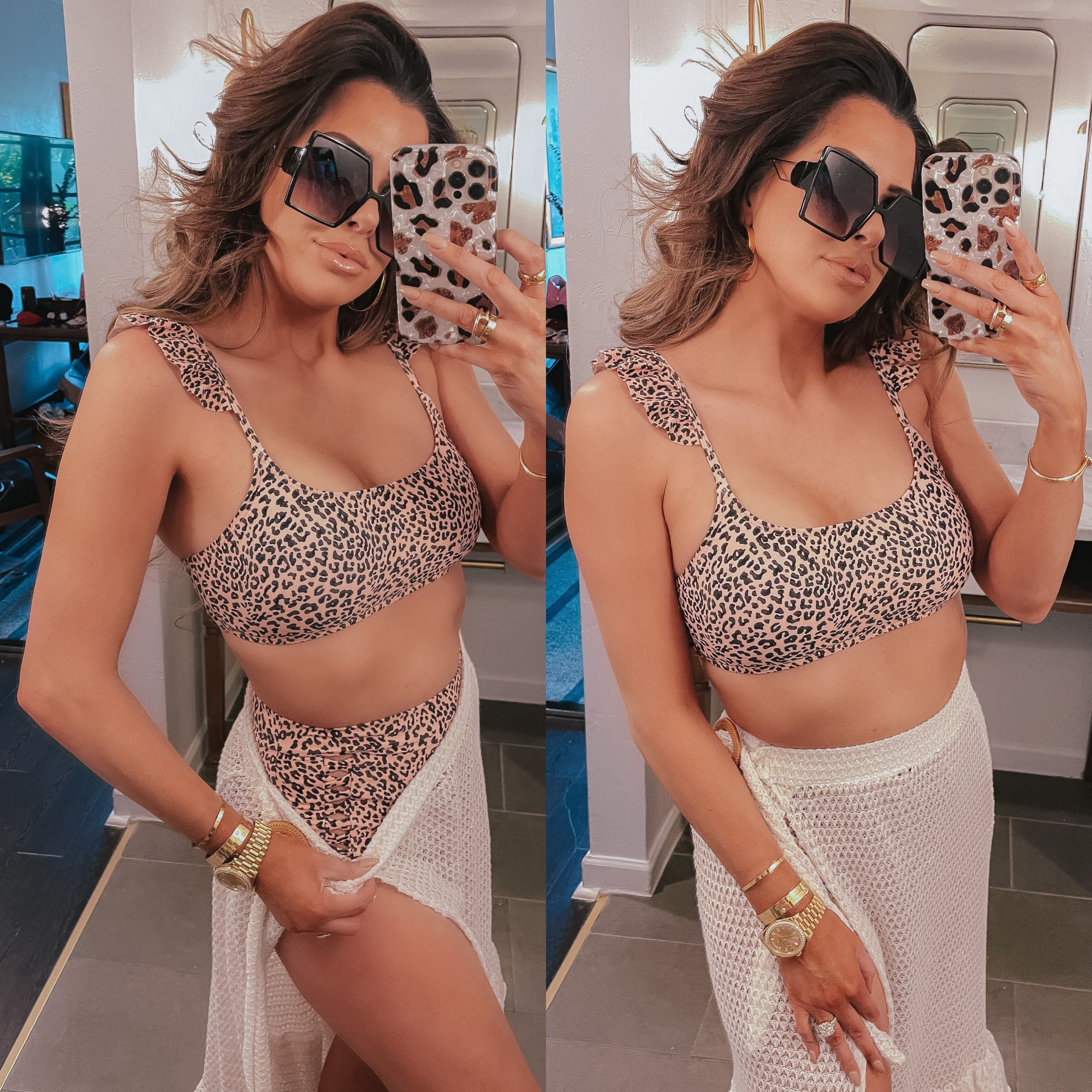 Amazon swimsuit review, best amazon two piece swimsuits, High waisted Amazon swimsuits emily gemma |Amazon High Waisted Swimsuit by popular US fashion blog, The Sweetest Thing: image of a Emily Gemma wearing a leopard print amazon two piece swimsuit and white knit wrap with square frame sunglasses. 