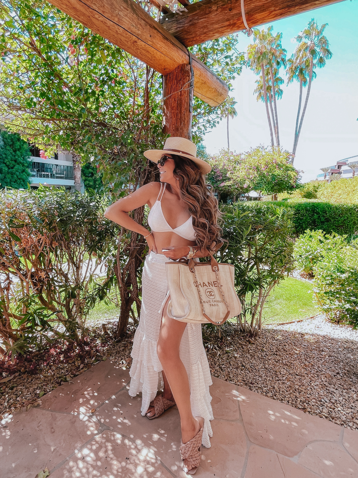 Steve Madden Marina Sandal, Best Amazon Swimsuits 2 piece high waisted, Scottsdale Fashion blogger, Emily Gemma, The Scott Resort, Chanel Deauville tan & cream large |Instagram Recap by popular US fashion blog, The Sweetest Thing: image of Emily Gemma wearing a white two piece swim suit, white coverup, beige braid strap sandals, and straw sun hat. 