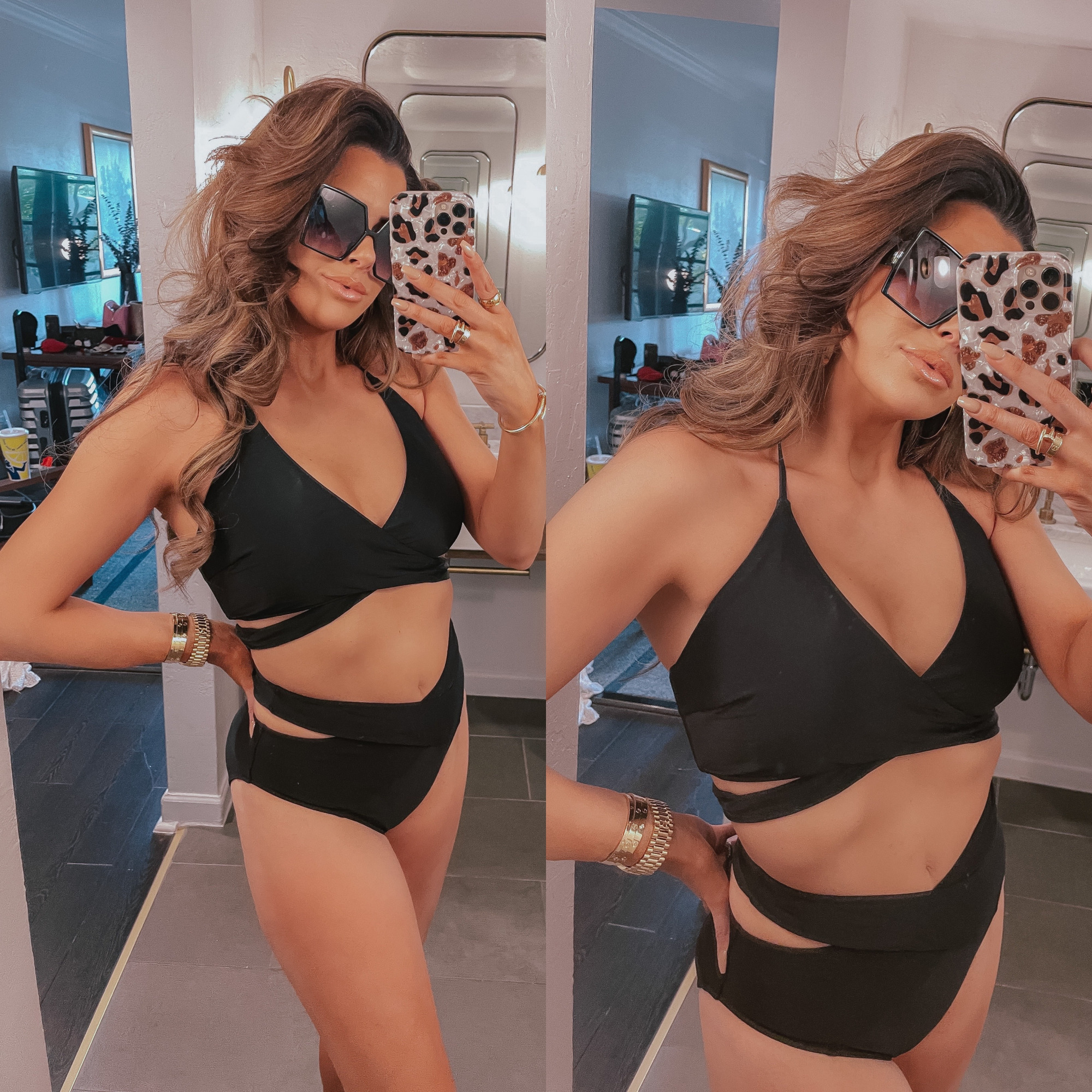 Amazon swimsuit review, best amazon two piece swimsuits, High waisted Amazon swimsuits emily gemma |Amazon High Waisted Swimsuit by popular US fashion blog, The Sweetest Thing: image of a Emily Gemma wearing a black Amazon two piece cut out swimsuit with black square frame sunglasses. 
