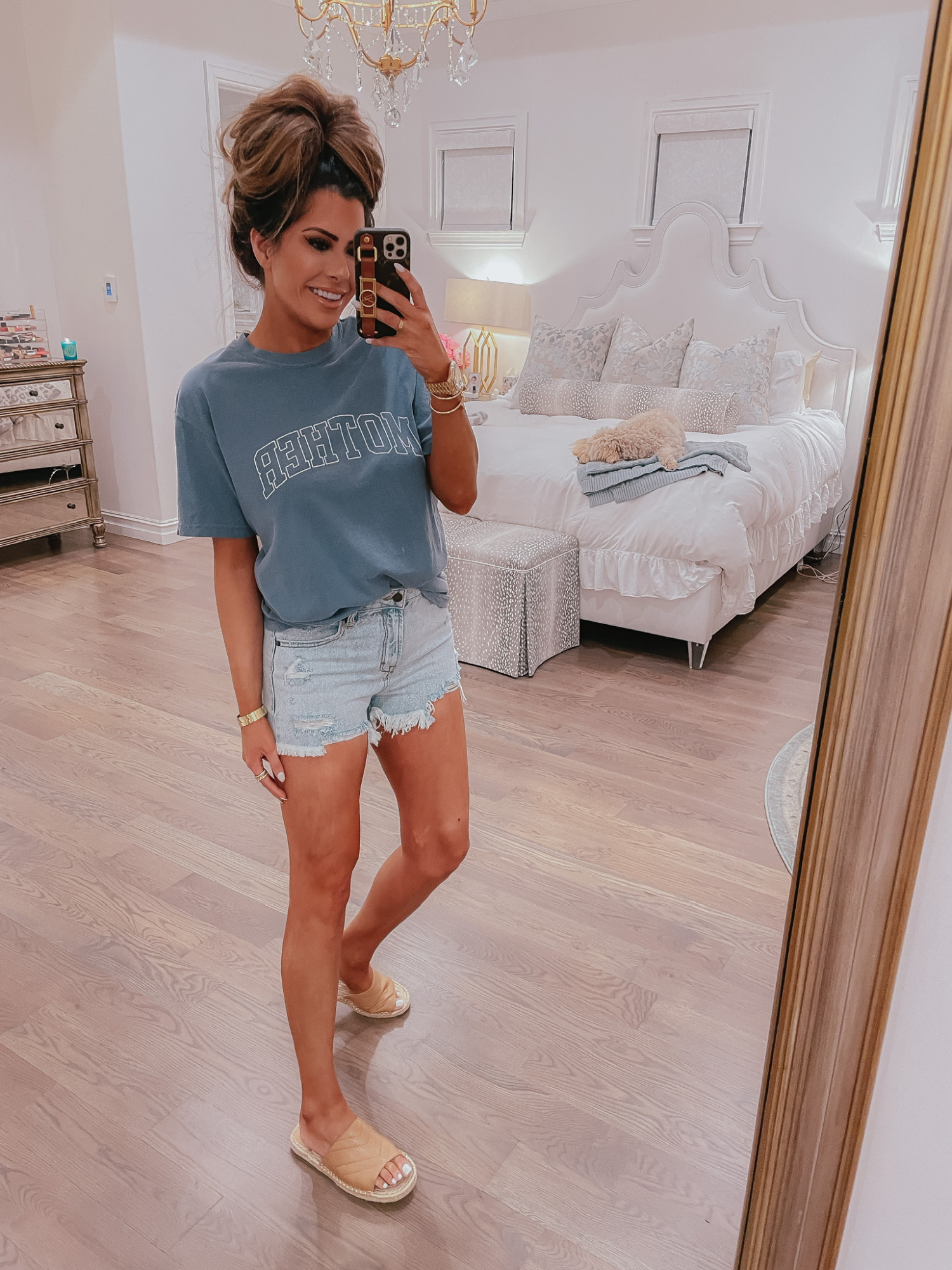 Mother T-Shirt, Cute T-Shirt, Denim Shorts, Affordable Denim Shorts, Slide Sandals, Nude Slide Sandals, Emily Ann Gemma, Mother's Day Gift Idea, Jean Shorts |VICI Fashion by popular US fashion blog, The Sweetest Thing: image of Emily Gemma wearing a VICI Mother t-shirt, cut off denim shorts, and tan slide sandals. 