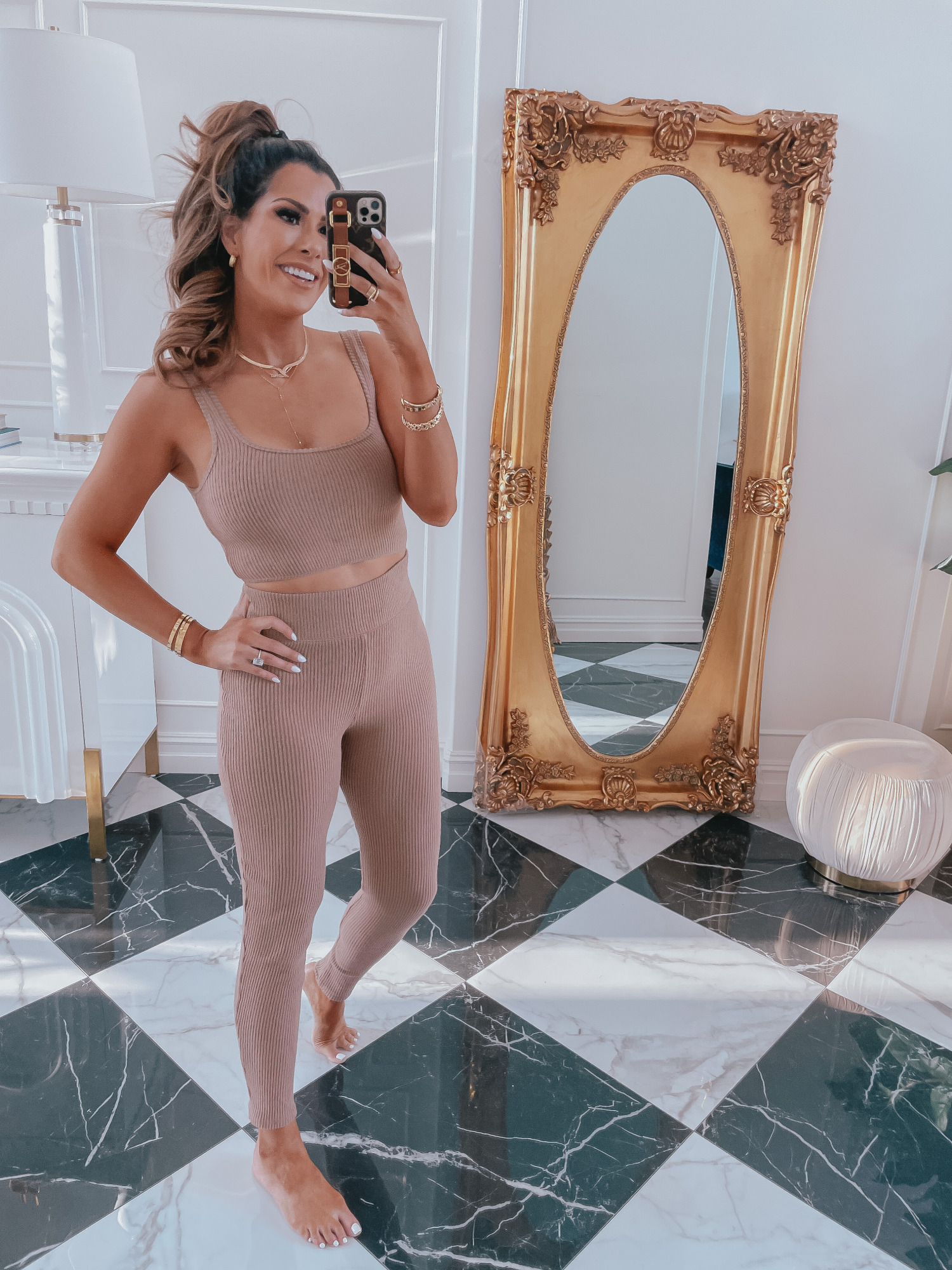 LTK day spring 2021, best spring sales 2021, emily gemma, Louis vuitton Iphone 12 Pro Case |Best Sales This Weekend by popular US fashion blog, The Sweetest Thing: image of Emily Gemma wearing a nude rib knit lounge bralette and nude rib knit lounge pants. 