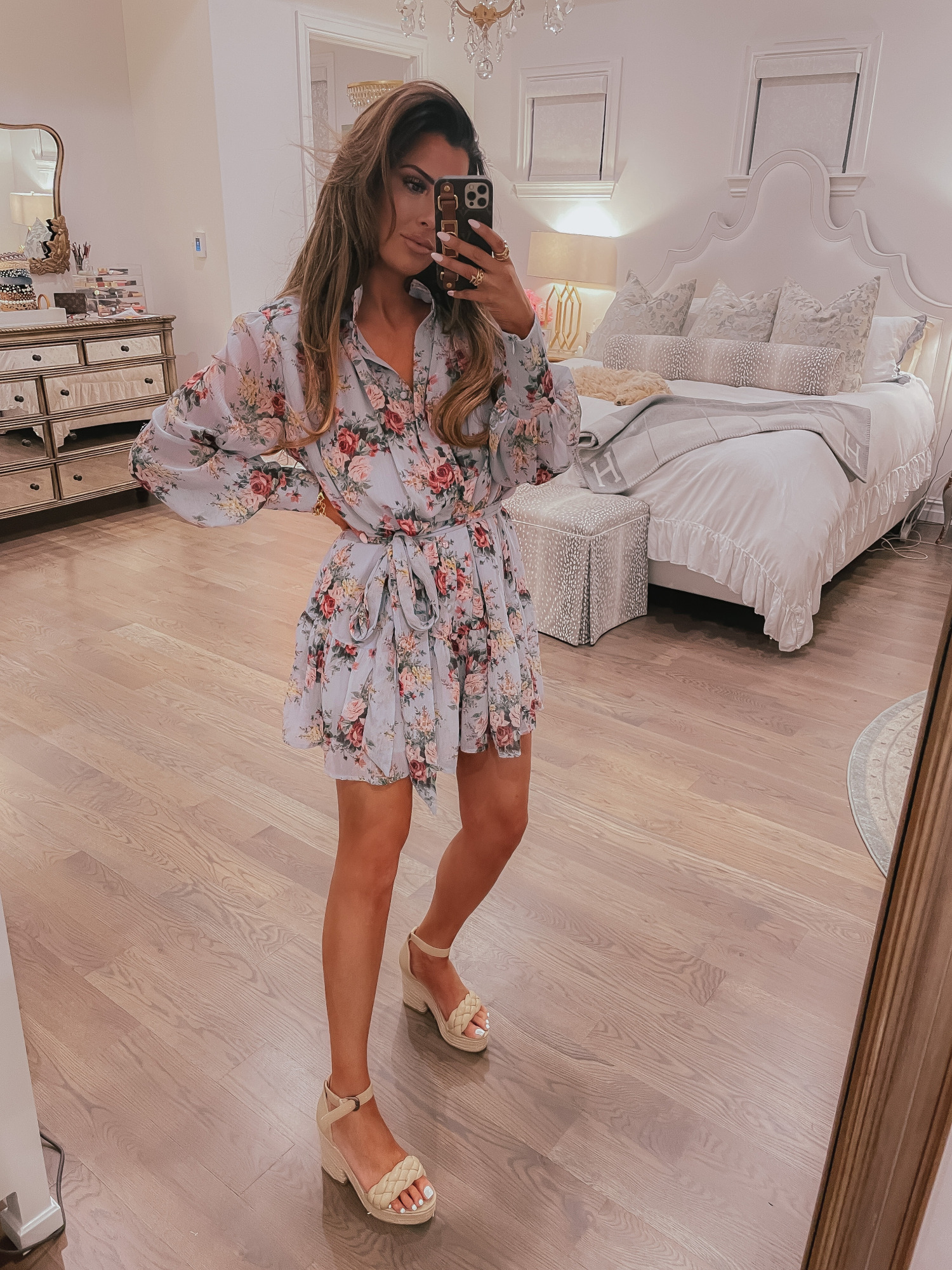 Vici Try On by popular US fashion blog, The Sweetest Thing: image of Emily Gemma wearing a Vici loral print tie waist dress and nude block heel platform sandals. 