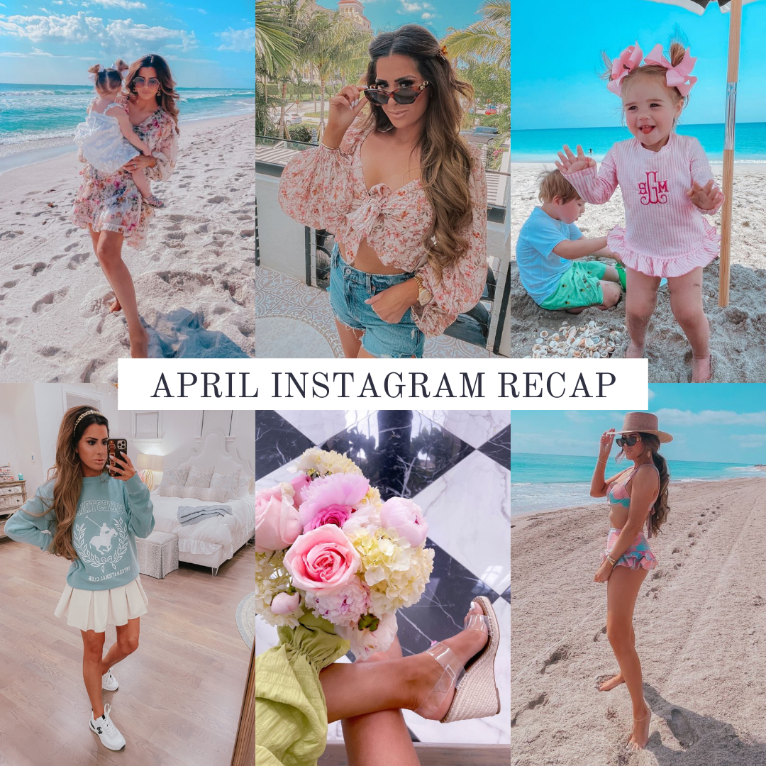 Instagram Fashion by popular US fashion blog, The Sweetest Thing: collage image of a woman wearing various outfits. | April Instagram Recap by popular US lifestyle blog, The Sweetest Thing: collage image of some of Emily Gemma's April Instagram pictures. | April Instagram Recap by popular US fashion blog, The Sweetest Thing: collage image of Emily Gemma and her children wearing a floral print dress, floral print long sleeve crop top, denim shorts, monogram pink and white stripe swimsuit, pink hair bows, white dress, blue and pink floral print swimsuit, straw boater hat, clear strap platform espadrilles, blue polo sweatshirt, and cream pleated tennis skirt. 