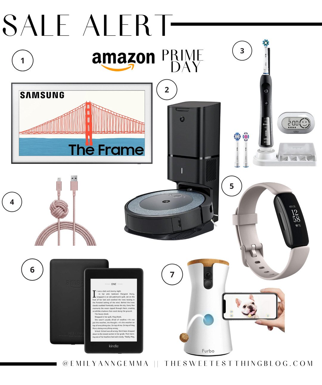 Amazon Prime Day by popular US life and Style blog, The Sweetest Thing: collage image of a Samsung the frame t.v., fit bit, electric toothbrush, charging cord, Furbo treat feeder, Kindle, and Roomba vacuum. 